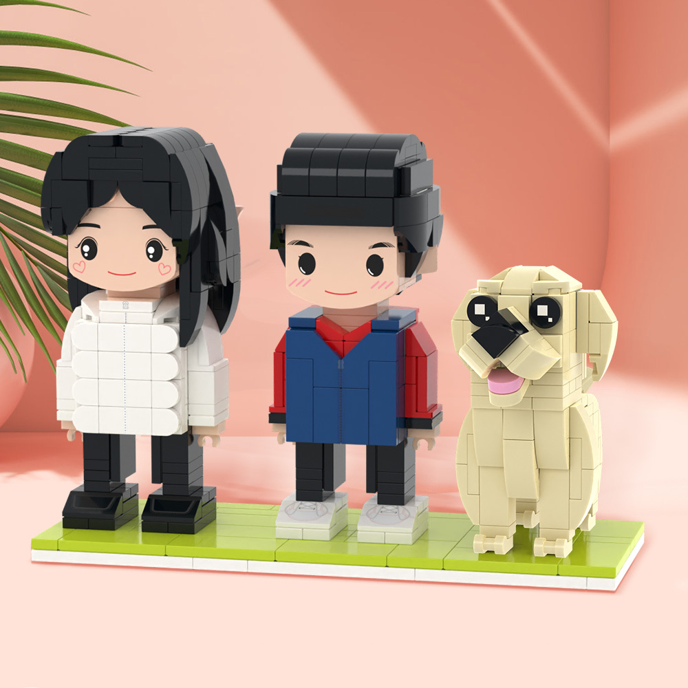 Full Body Customizable 2 People Cute Brick Figures Persaonalized Brick Figures with Dog Small Particle Block Toy