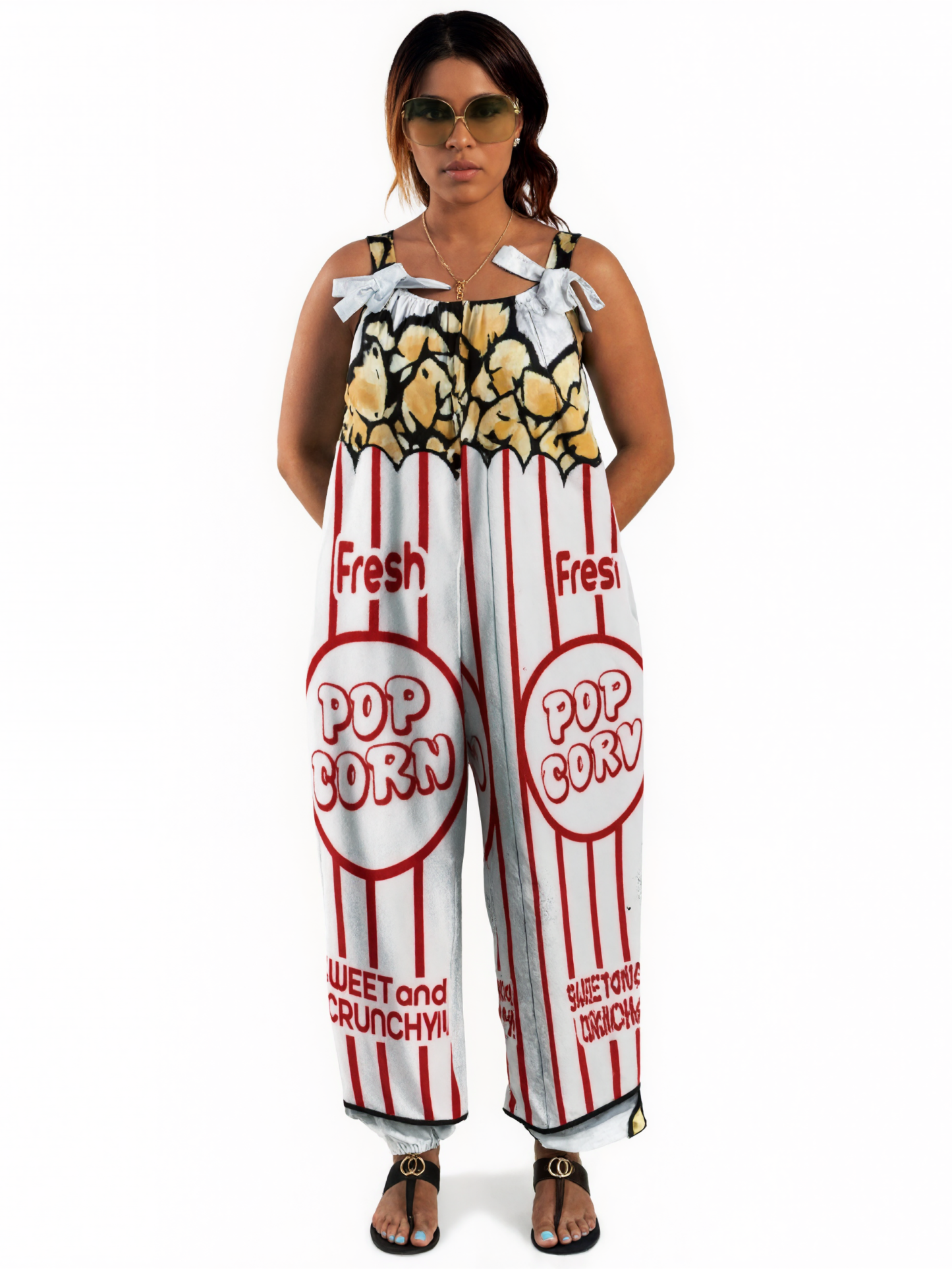 Women Movie Popcorn Print Loose Fit Baggy Harem Overall Jumpsuit Tie Spaghetti Strap Casual Long Pants Rompers