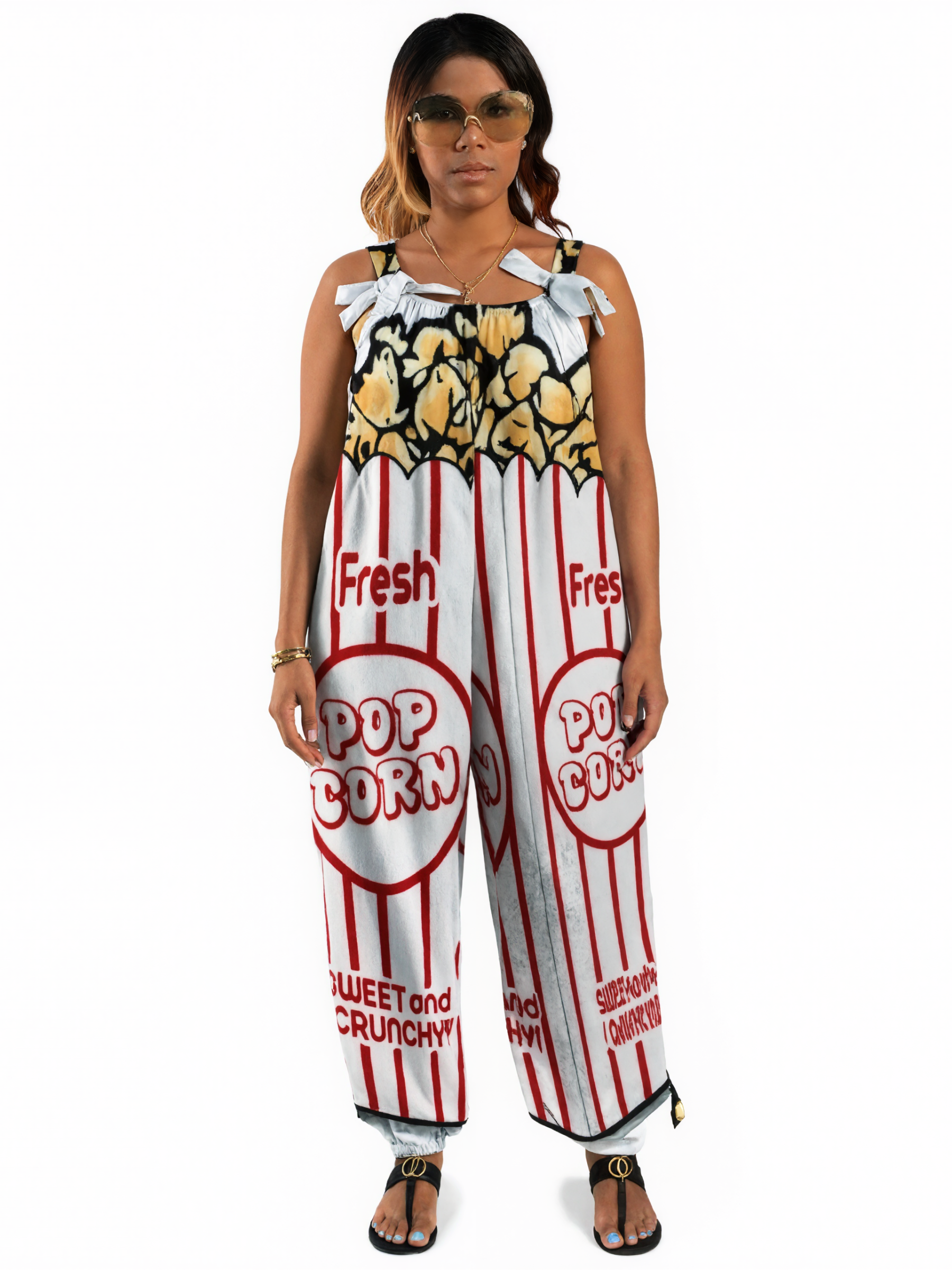 Women Movie Popcorn Print Loose Fit Baggy Harem Overall Jumpsuit Tie Spaghetti Strap Casual Long Pants Rompers