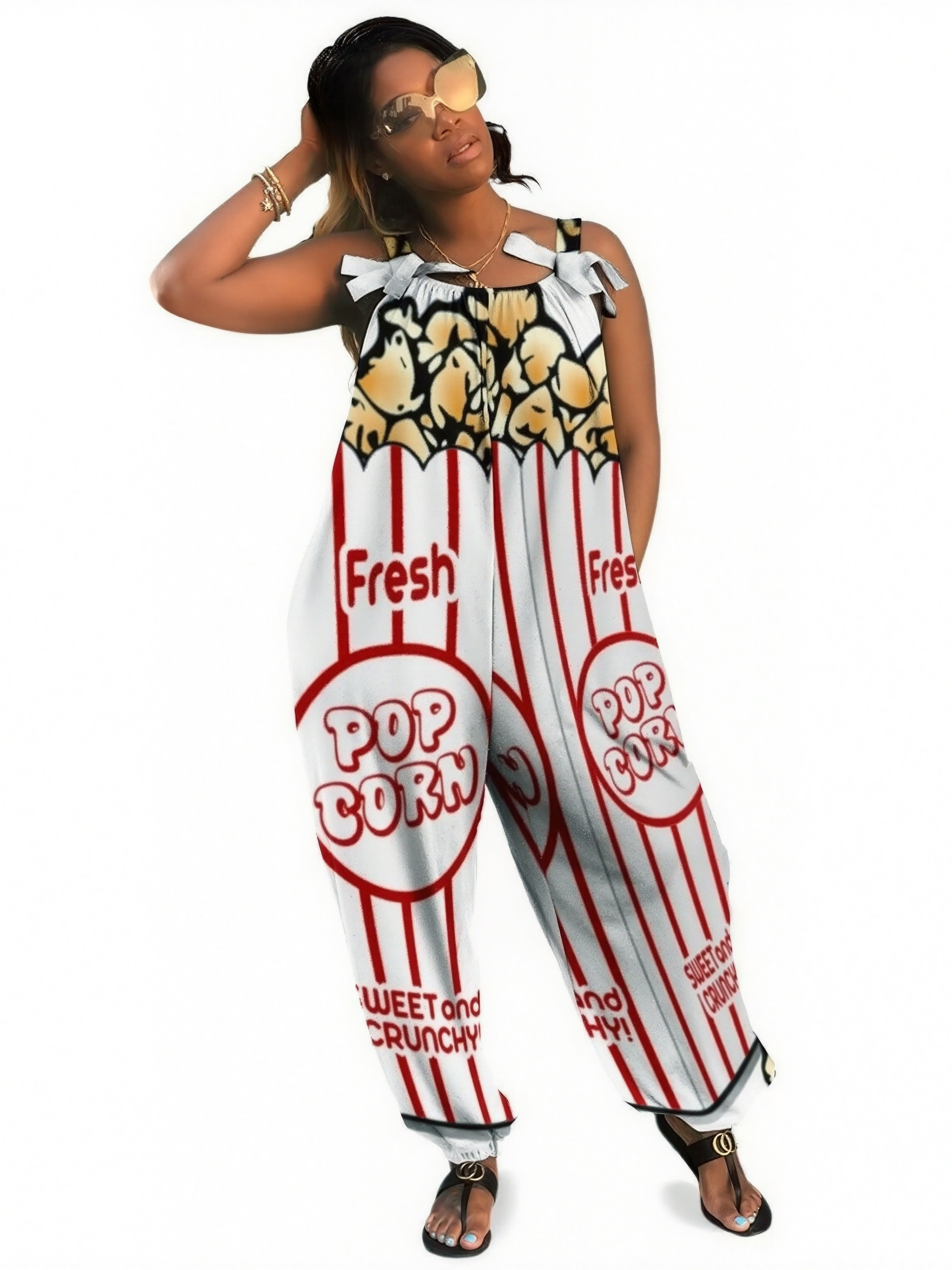 Women Movie Popcorn Print Loose Fit Baggy Harem Overall Jumpsuit Tie Spaghetti Strap Casual Long Pants Rompers