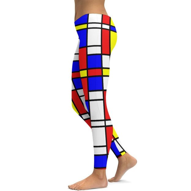 Initials Piet Mondrian Style Modern Art Printed Womens High Waist Workout Leggings Thin Fit Gym Yoga Pants