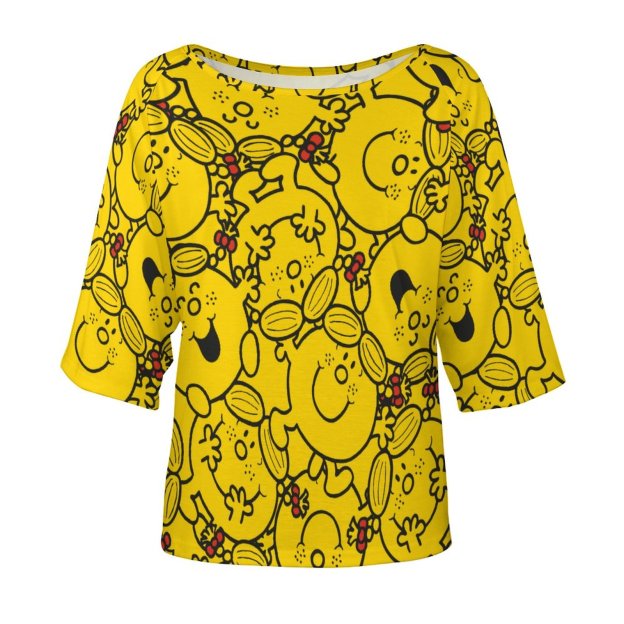 Little Miss Sunshine Fun Yellow Smiles 3/4 Bell Sleeve T-Shirt Elbow Length Basic Tunics Tops for Women-Charlylifestyle