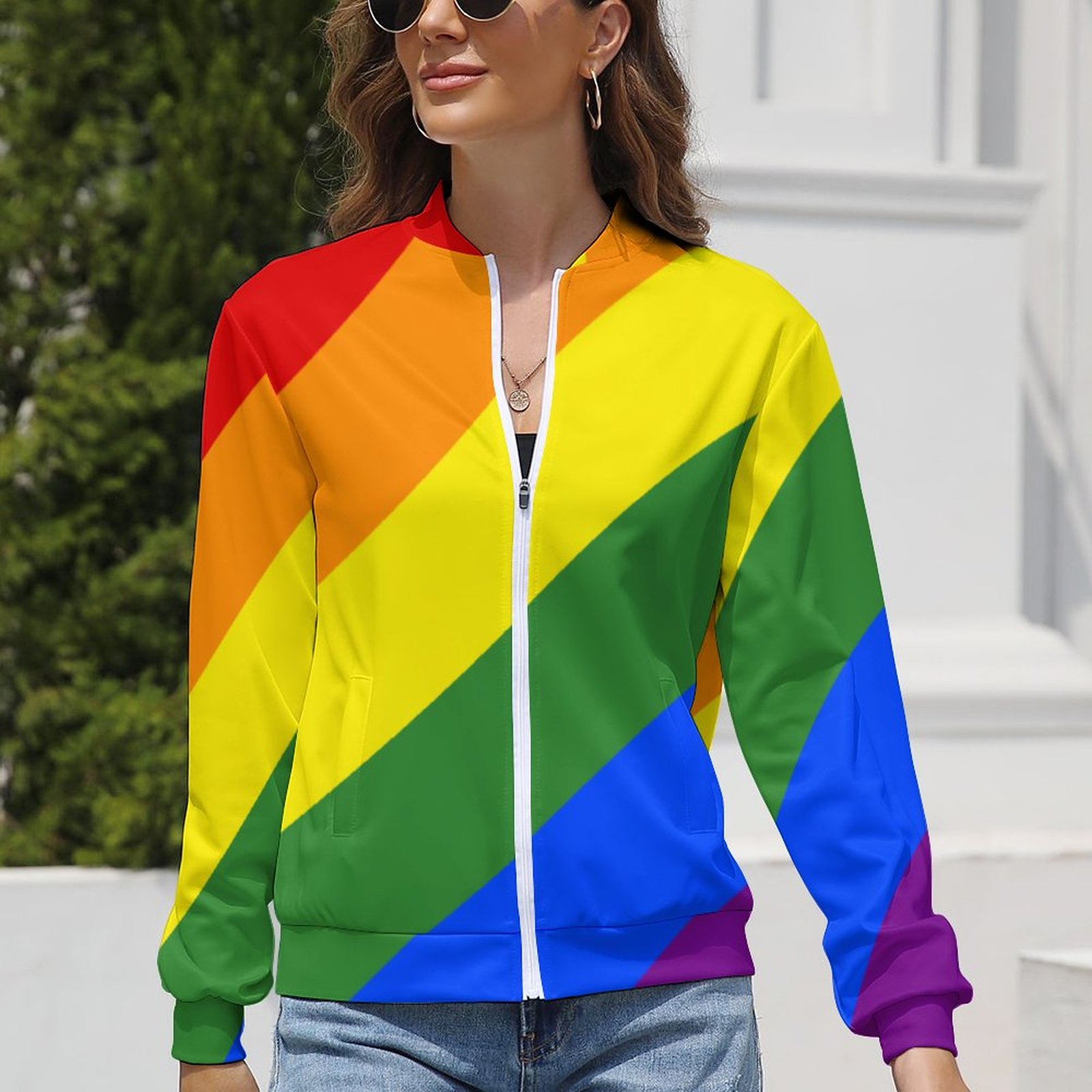 Women Zipper Front Lgbt Pride Diagonal Rainbow Stripe Print Long Sleeve Jackets Baseball Collar Casual Work Office Blazer