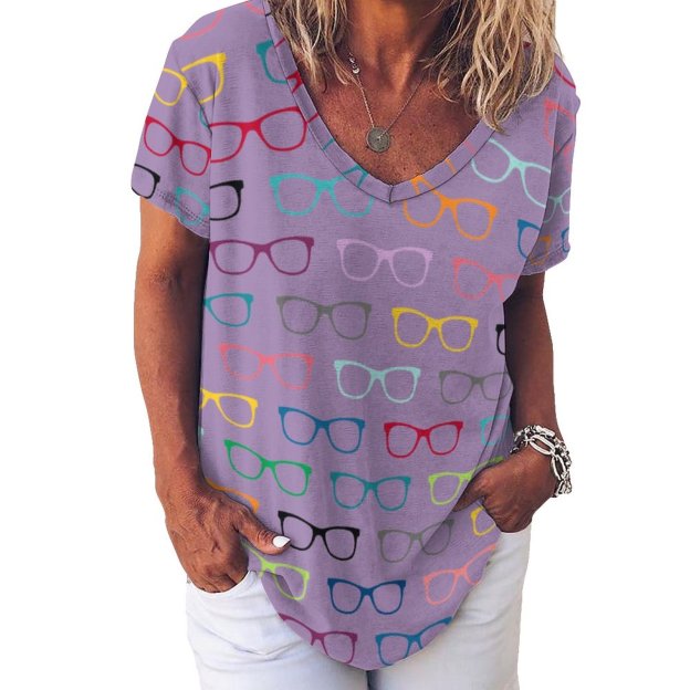 S-4XL Multi Color Eyeglasses Women T Shirts Basic V-Neck Tee Loose Vintage Fitting Oversize Short Sleeve Tops-Charlylifestyle