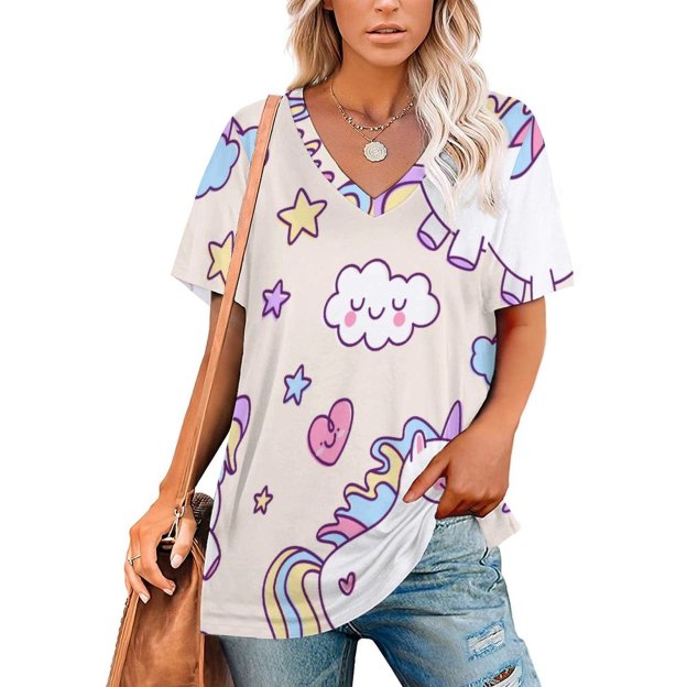 Kawaii Chubby Flying Unicorns Rainbow Womens Summer Full Print Short Sleeve Loose Hippie Tunic Tops - Personalized Unicorns T-shirt