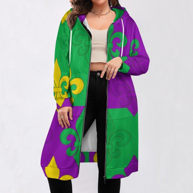 Mardi Gras French Fleur De Lis Zip Up Long Hoodie Jacket Coat Women Tunic Sweatshirt Plus Size Open Front Cardigan Outfits