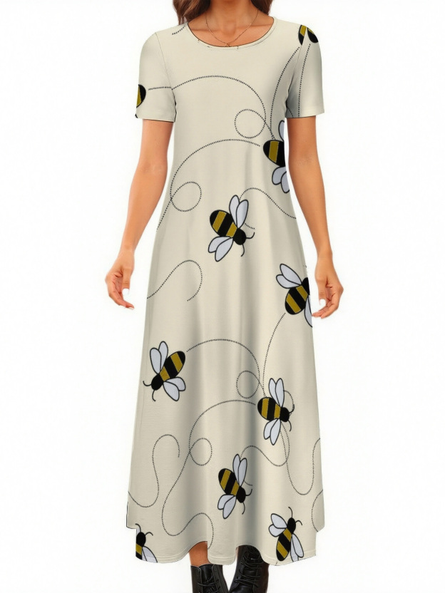 Modern Bumble Bees Women Casual Short Sleeve Loose Plain Maxi Dresses Summer Boho Beach Long Maxi Tunic Dresses