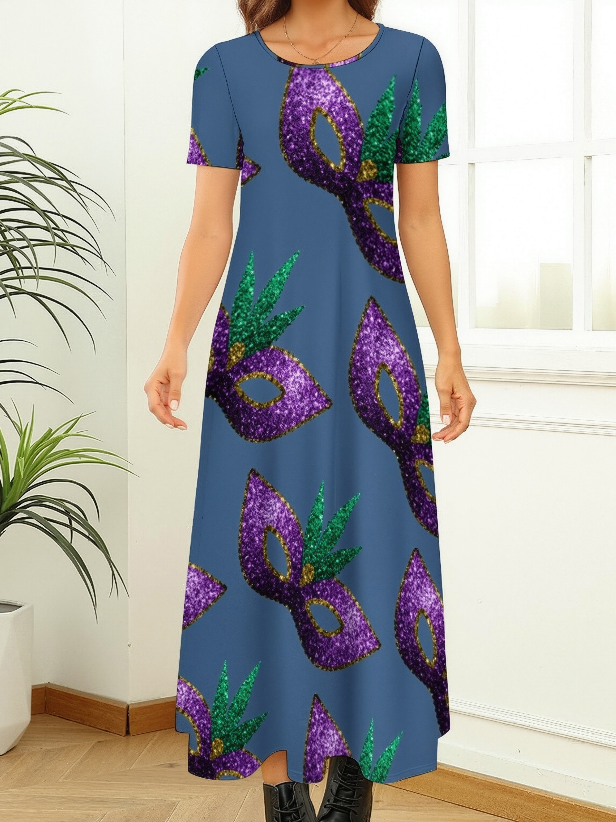 Mardi Gras Mask Purple Green Gold Sparkles Women Casual Short Sleeve Loose Plain Maxi Dresses Summer Boho Beach Long Maxi Tunic Dresses