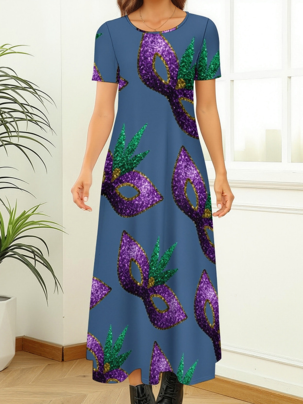 Mardi Gras Mask Purple Green Gold Sparkles Women Casual Short Sleeve Loose Plain Maxi Dresses Summer Boho Beach Long Maxi Tunic Dresses