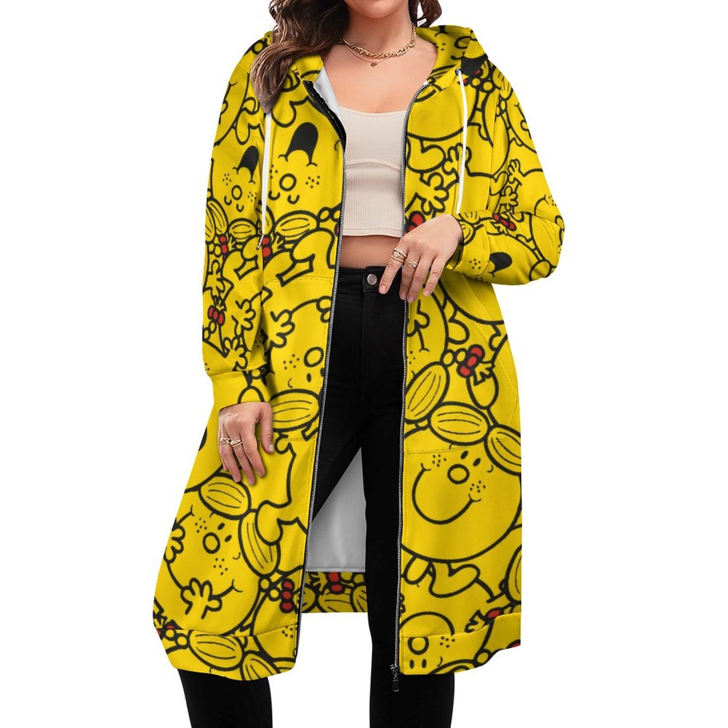 Little Miss Sunshine Fun Yellow Smiles Zip Up Long Hoodie Jacket Women Tunic Sweatshirt Plus Size Open Front Cardigan Outfits