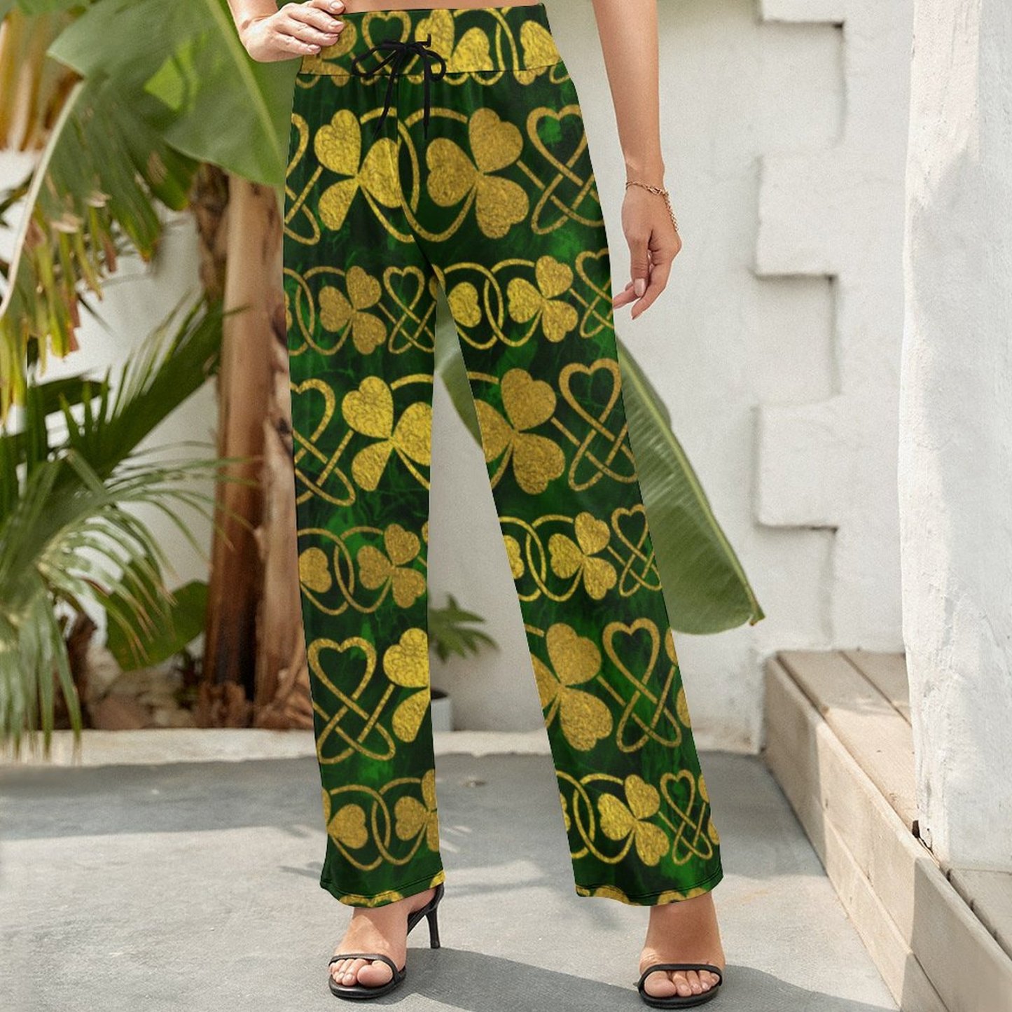 S-2XL Irish Shamrock Clover Gold And Green Women's High Waist Wide Leg Long Palazzo Lounge Pants-Charlylifestyle