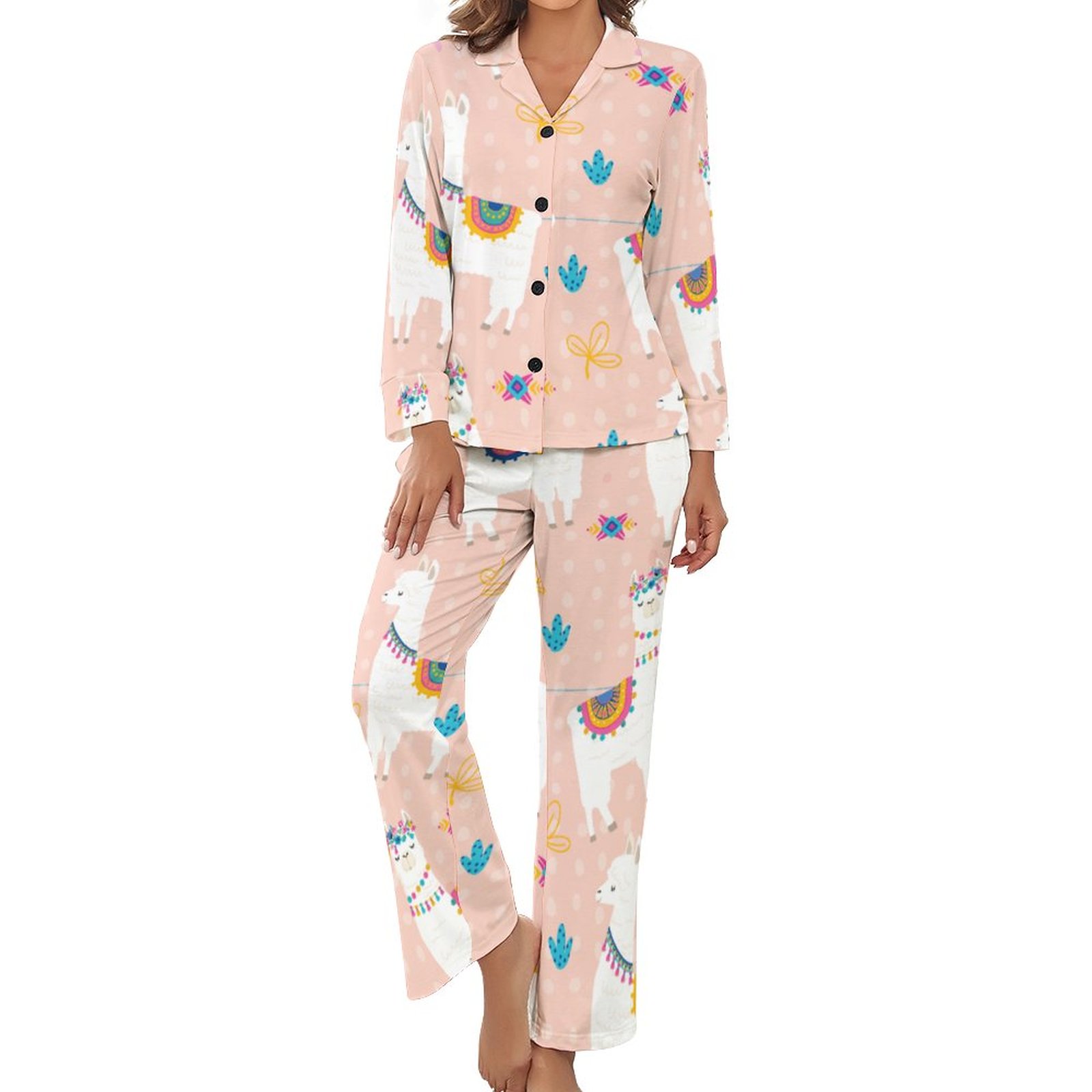 Llama Llama Cute Llama Print Women Long Sleeve Two Piece Sleepwear Sof