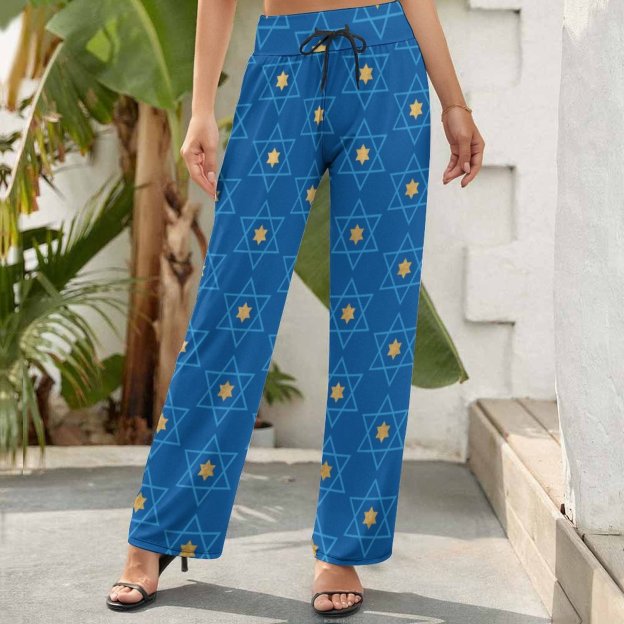 Jewish Blue And Gold Star Of David Printed Women's High Waist Wide Leg Long Palazzo Lounge Pants-Charlylifestyle