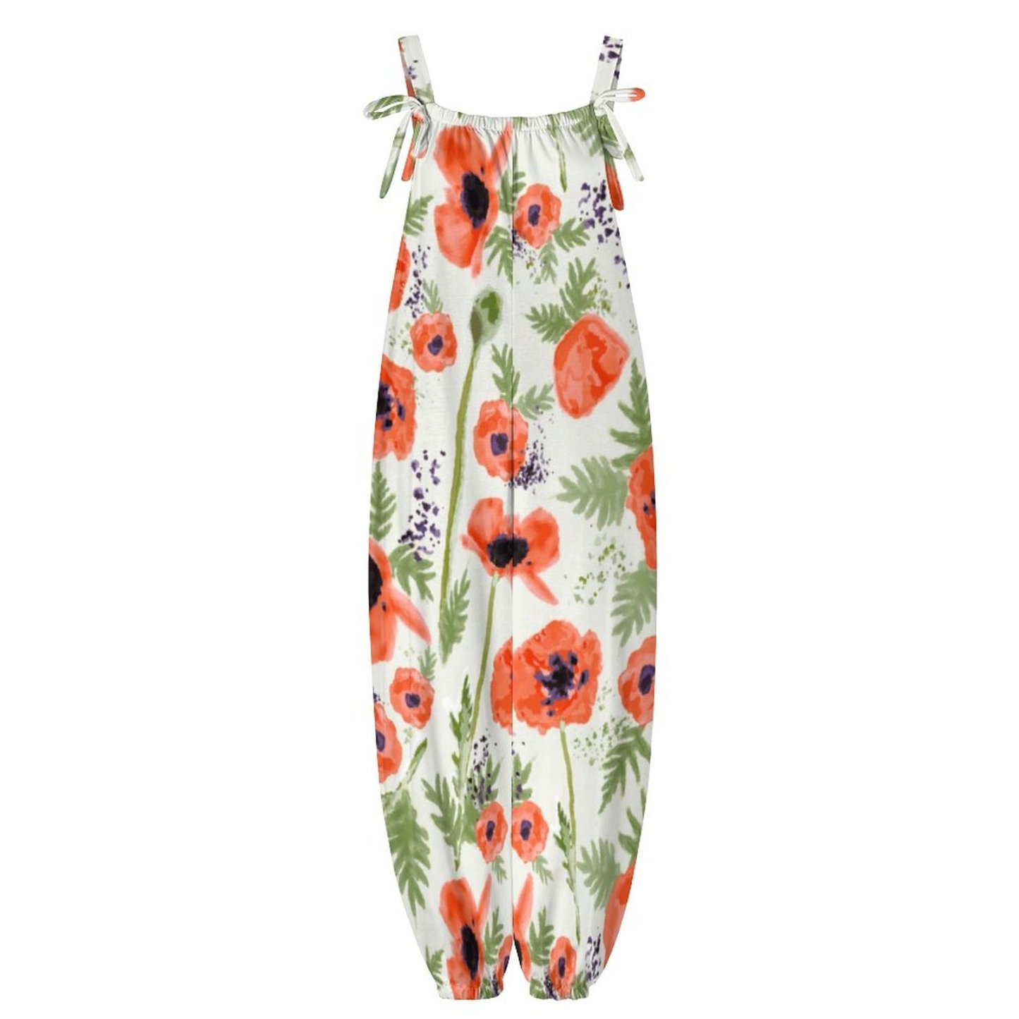 Women Orange Red Poppy Flowers Watercolor Print Loose Fit Baggy Harem Overall Jumpsuit Tie Spaghetti Strap Long Pants Rompers