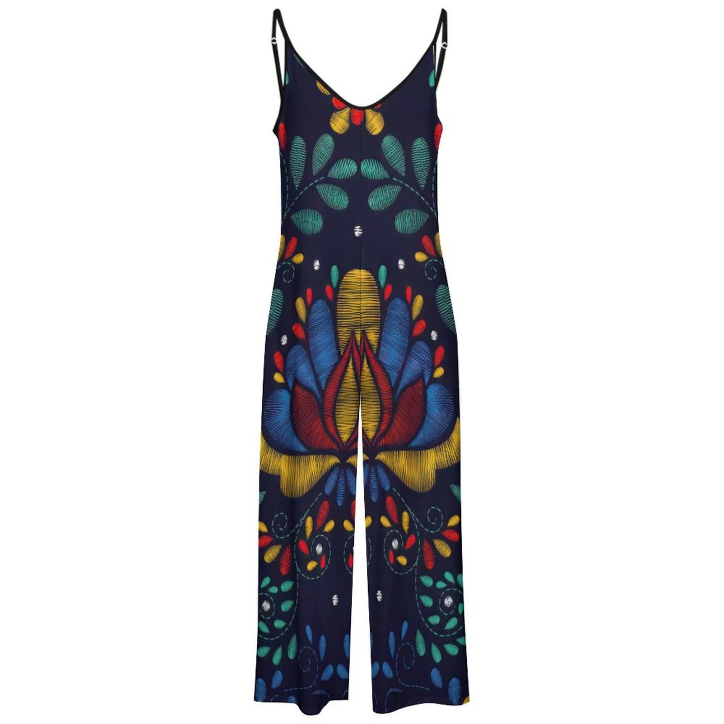 Summer Bohemia Mexican Traditional Embroidery Cami Wide Leg Jumpsuits Women Casual Shoulder Strap Adjustable Rompers Pants
