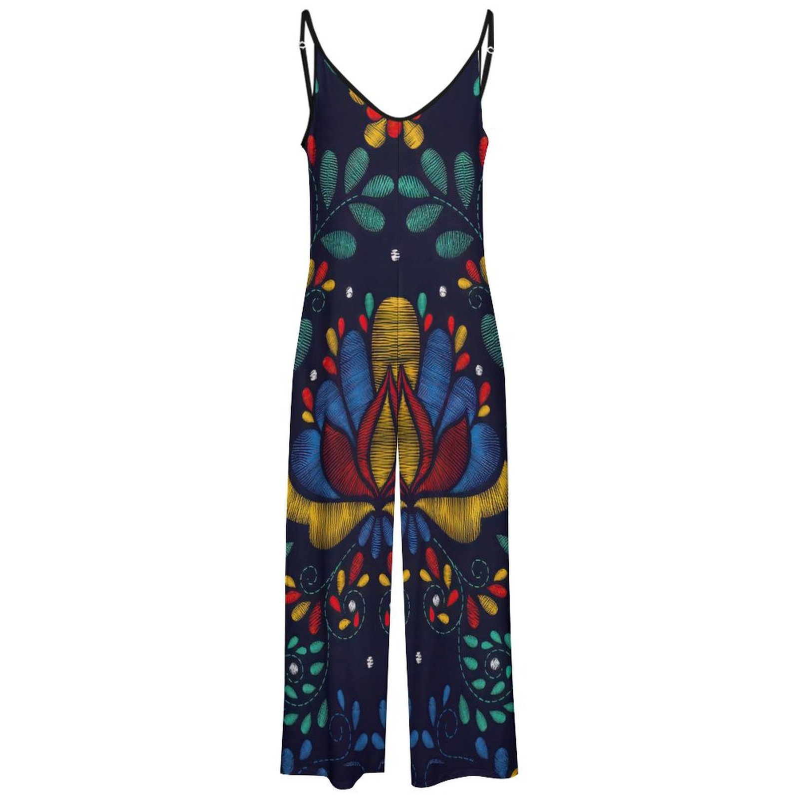 Summer Bohemia Mexican Traditional Embroidery Cami Wide Leg Jumpsuits Women Casual Shoulder Strap Adjustable Rompers Pants