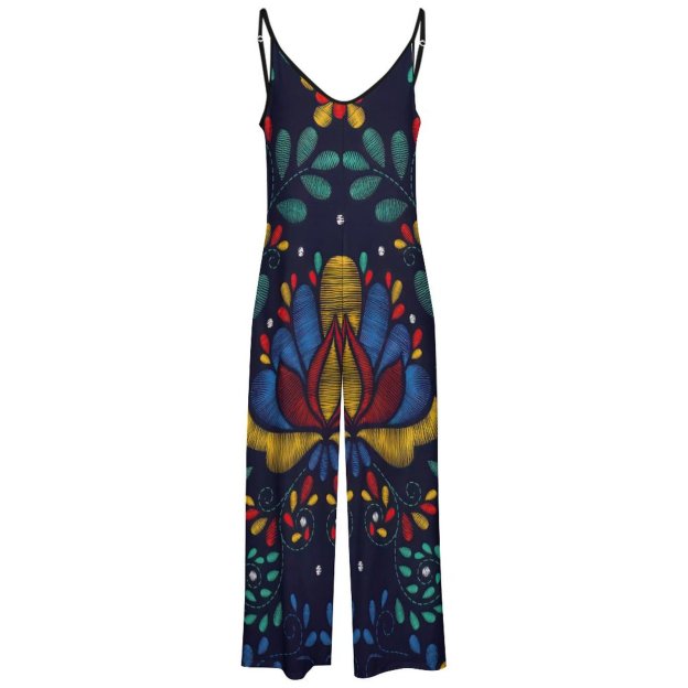 Summer Bohemia Mexican Traditional Embroidery Cami Wide Leg Jumpsuits Women Casual Shoulder Strap Adjustable Rompers Pants