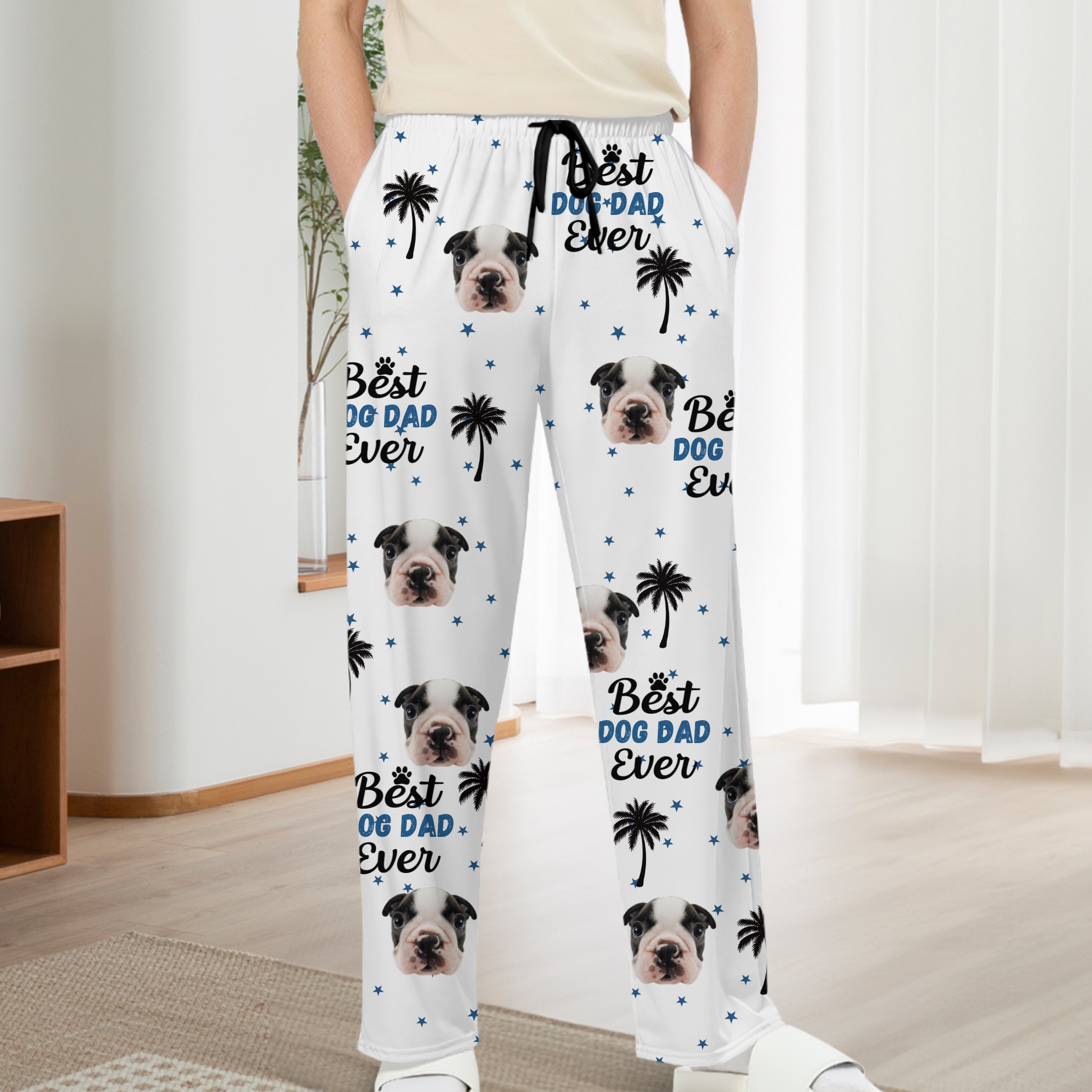 [Copy]Light Blue And White Gingham Printed Women Casual Elastic Waist Wide Leg Pants Trousers