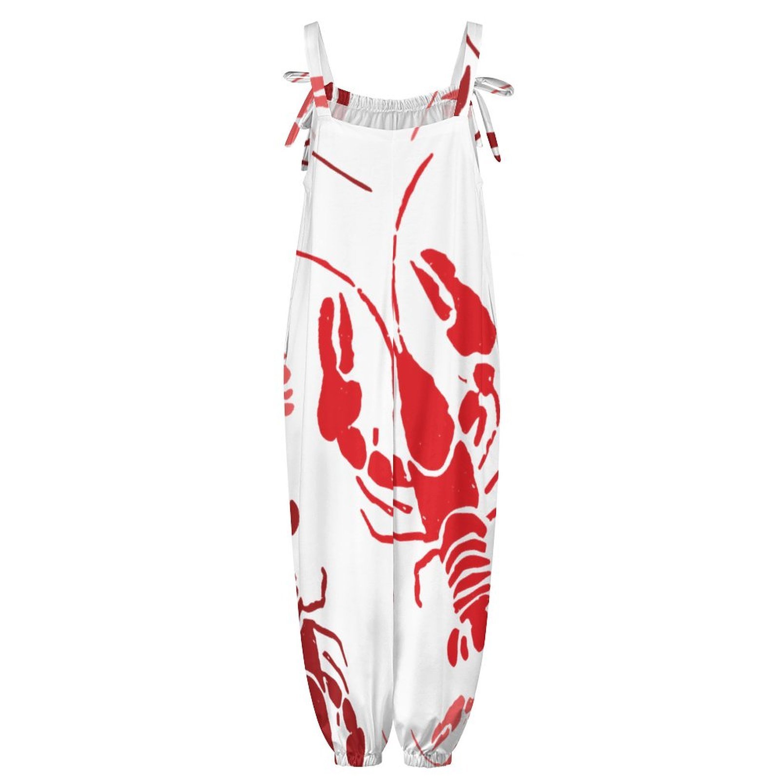 Women Lobster Bake Or Crawfish Boil Retro Print Loose Fit Baggy Harem Overall Jumpsuit Tie Spaghetti Strap Long Pants Rompers