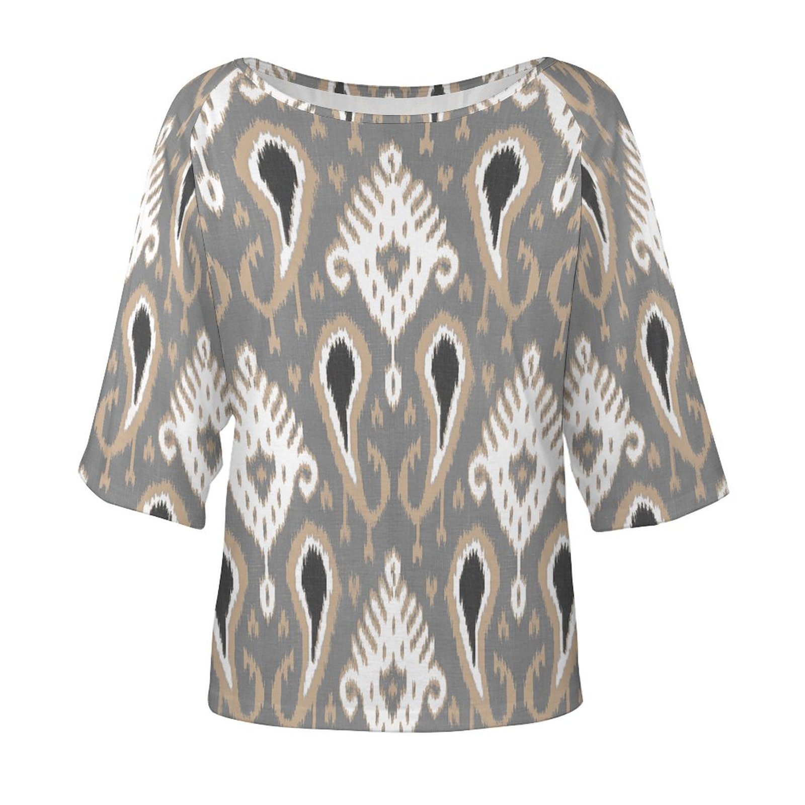 Light Brown Taupe Gray Ikat Tribal Art 3/4 Bell Sleeve T-Shirt Elbow Length Basic Tunics Tops for Women-Charlylifestyle