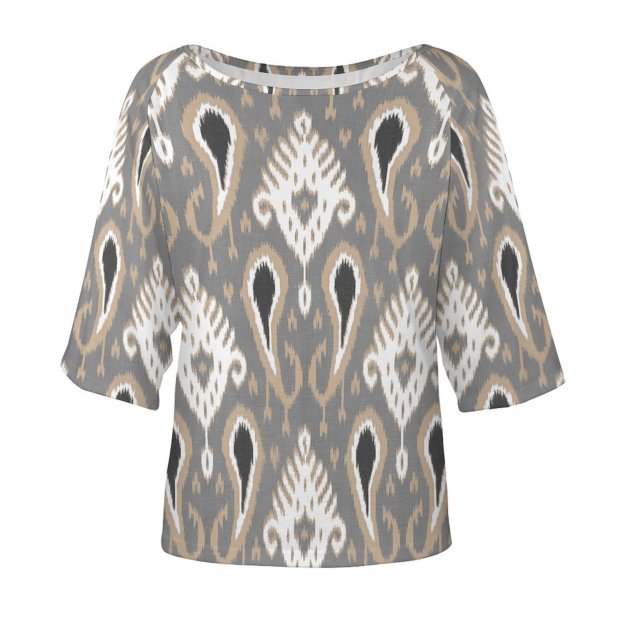 Light Brown Taupe Gray Ikat Tribal Art 3/4 Bell Sleeve T-Shirt Elbow Length Basic Tunics Tops for Women-Charlylifestyle