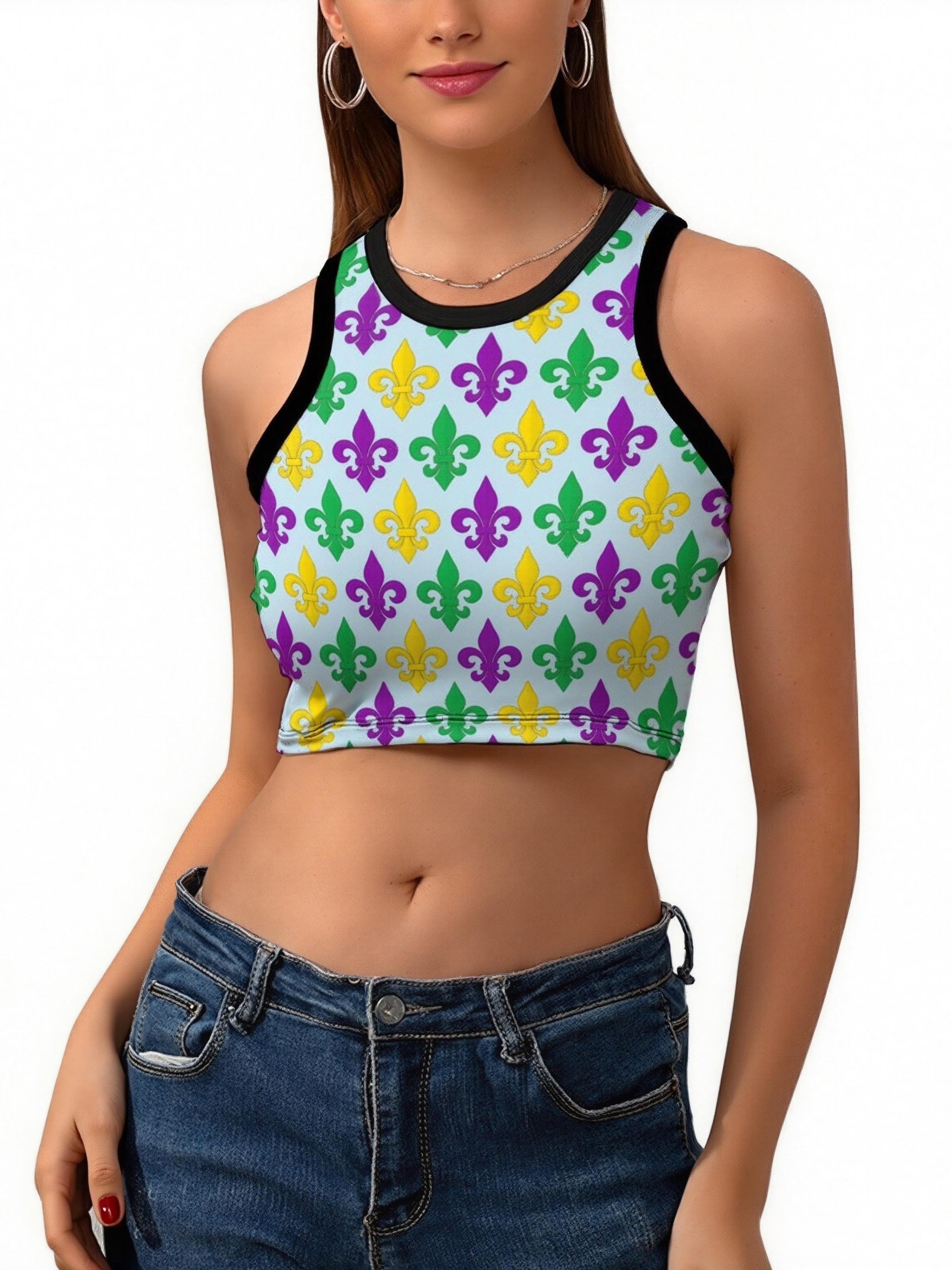 Women Summer Mardi Gras Green Gold Purple Fleur De Lis Crew Neck Crop Tank Basic Sleeveless Graphic Tee Tops