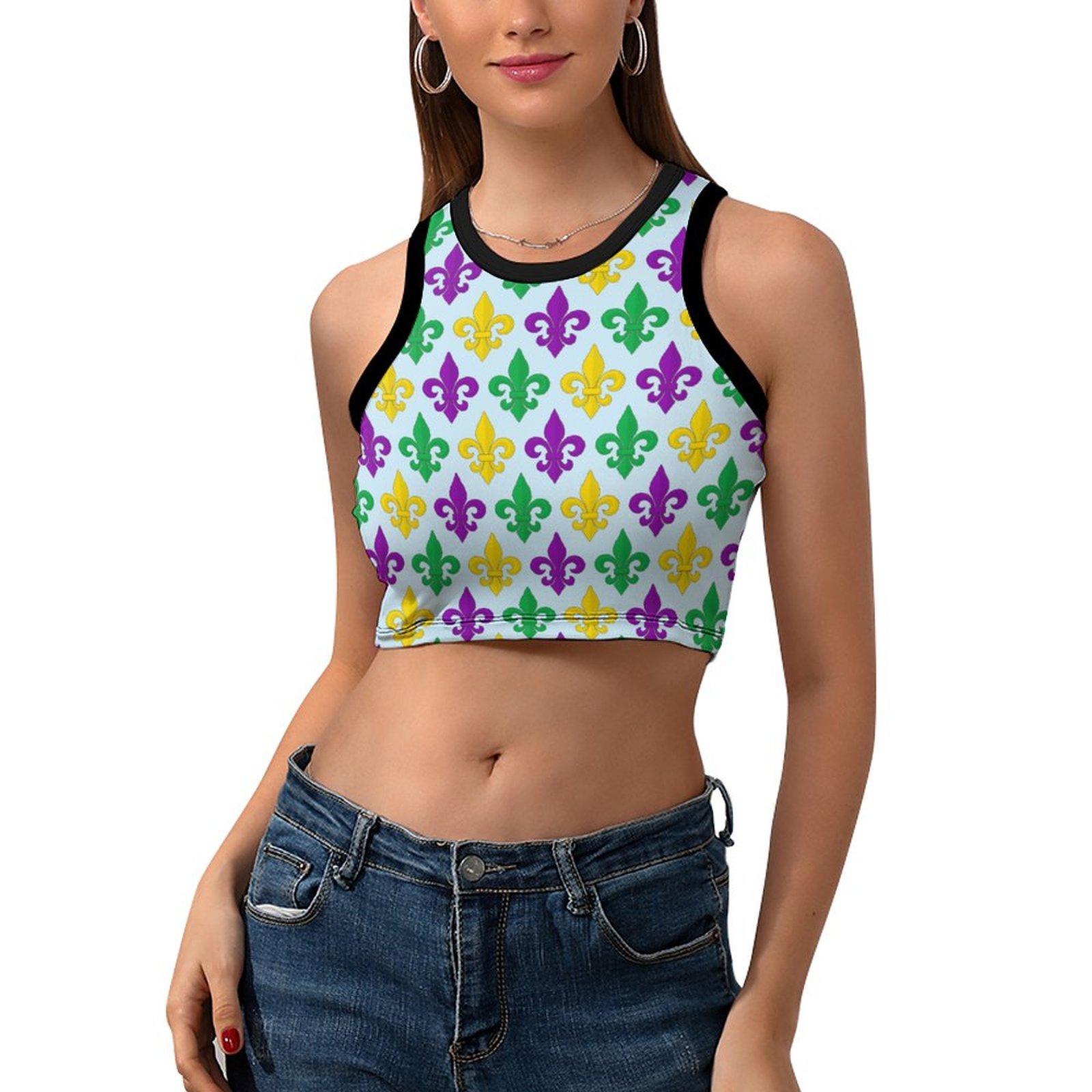 Women Summer Mardi Gras Green Gold Purple Fleur De Lis Crew Neck Crop Tank Basic Sleeveless Graphic Tee Tops-Charlylifestyle