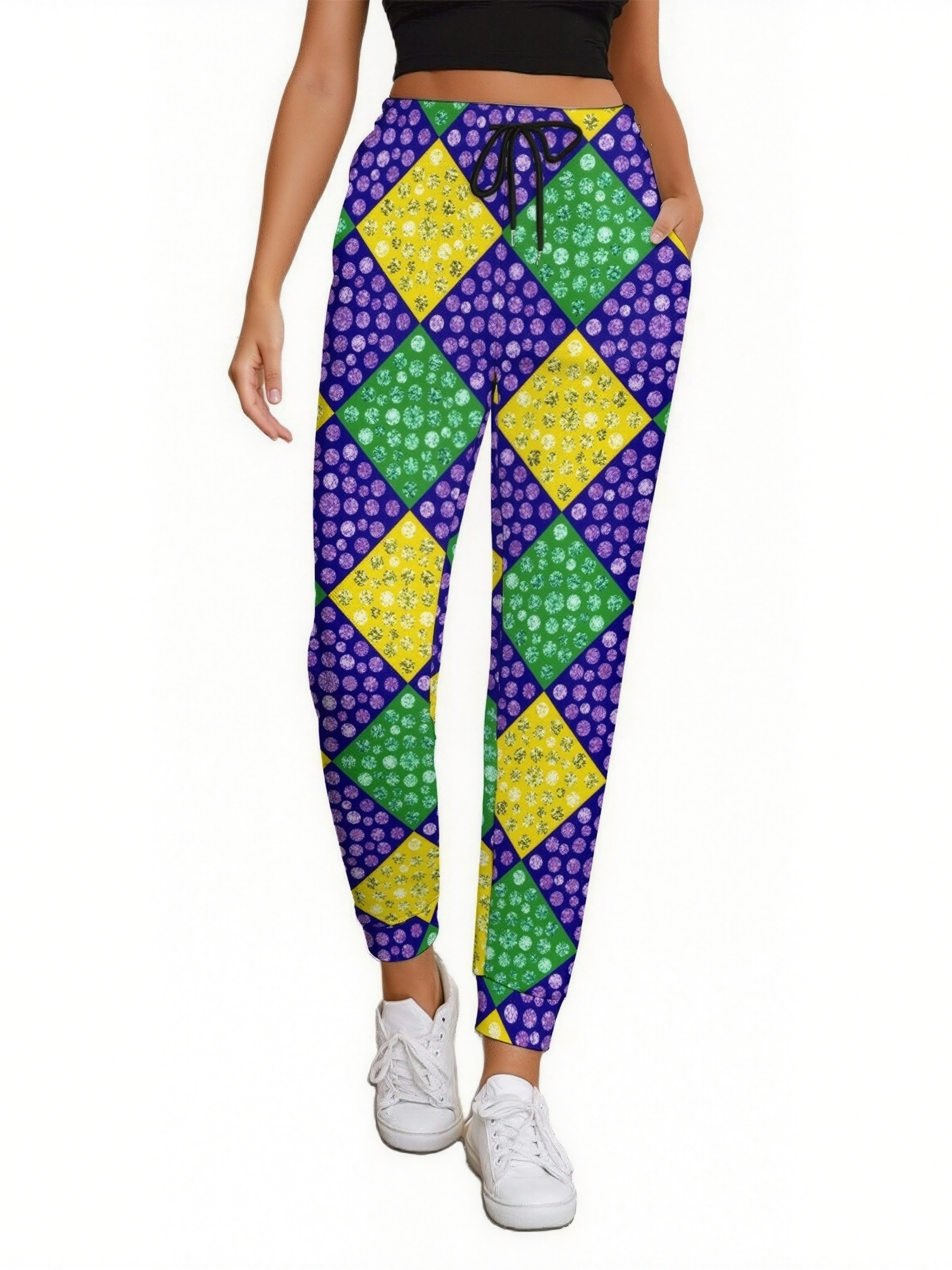 Women Mardi Gras Harlequin Diamond Carnival Drawstring Tie Elastic Waist Jogger Loose Workout Pants Jogging