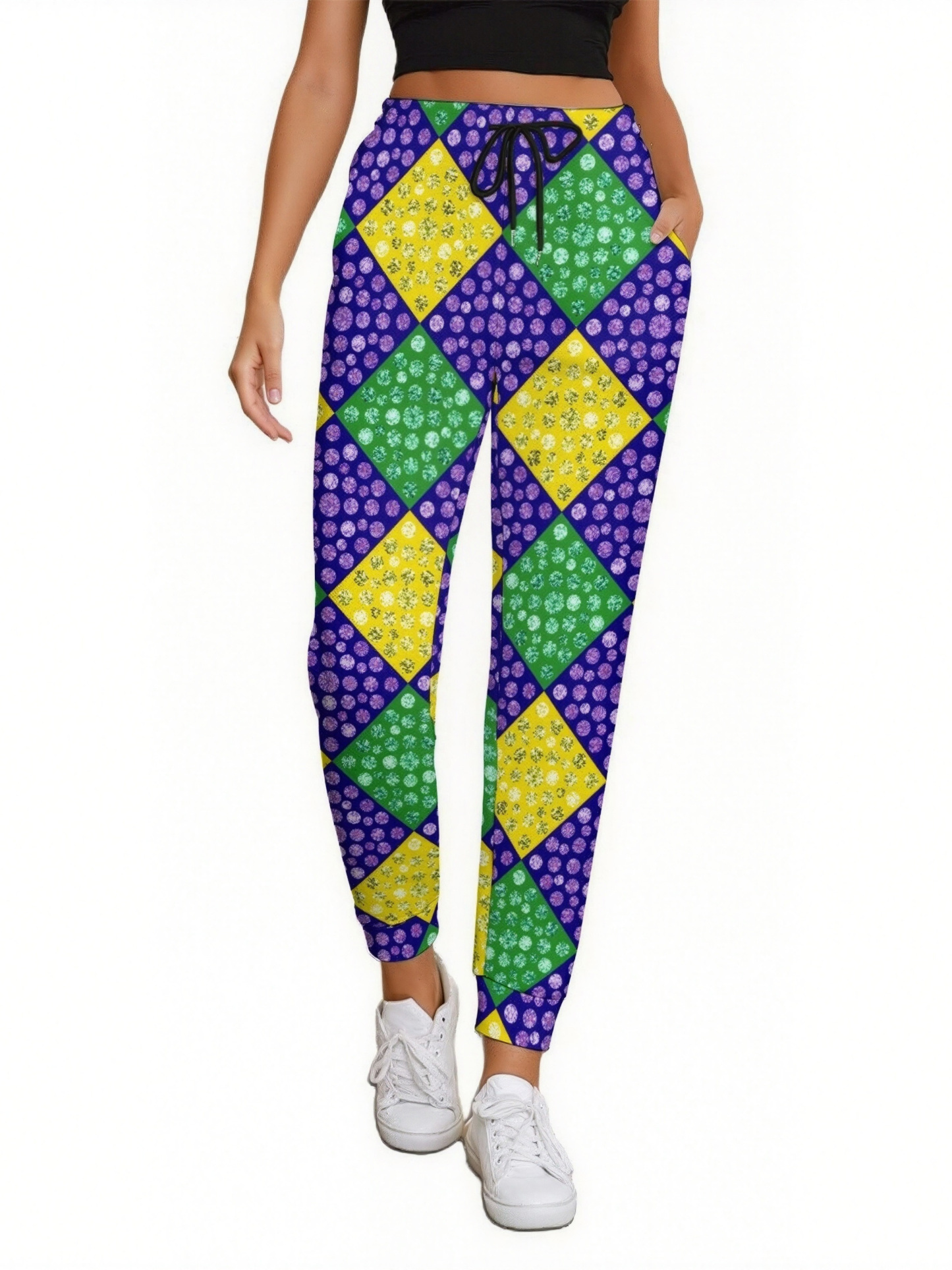 Women Mardi Gras Harlequin Diamond Carnival Drawstring Tie Elastic Waist Jogger Loose Workout Pants Jogging
