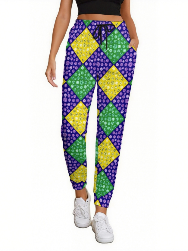 Women Mardi Gras Harlequin Diamond Carnival Drawstring Tie Elastic Waist Jogger Loose Workout Pants Jogging