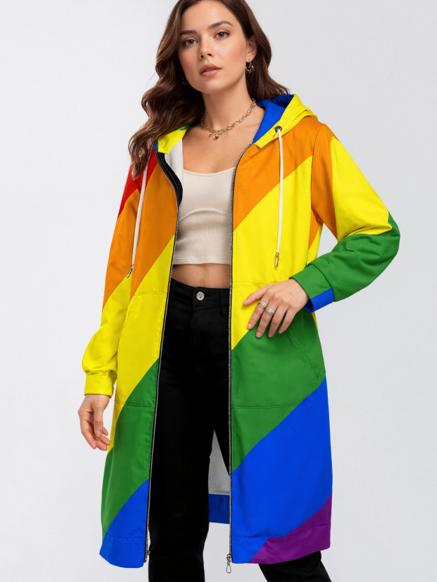 Lgbt Pride Diagonal Rainbow Stripe Zip Up Long Hoodie Jacket Women Tunic Sweatshirt Plus Size Open Front Cardigan Outfits