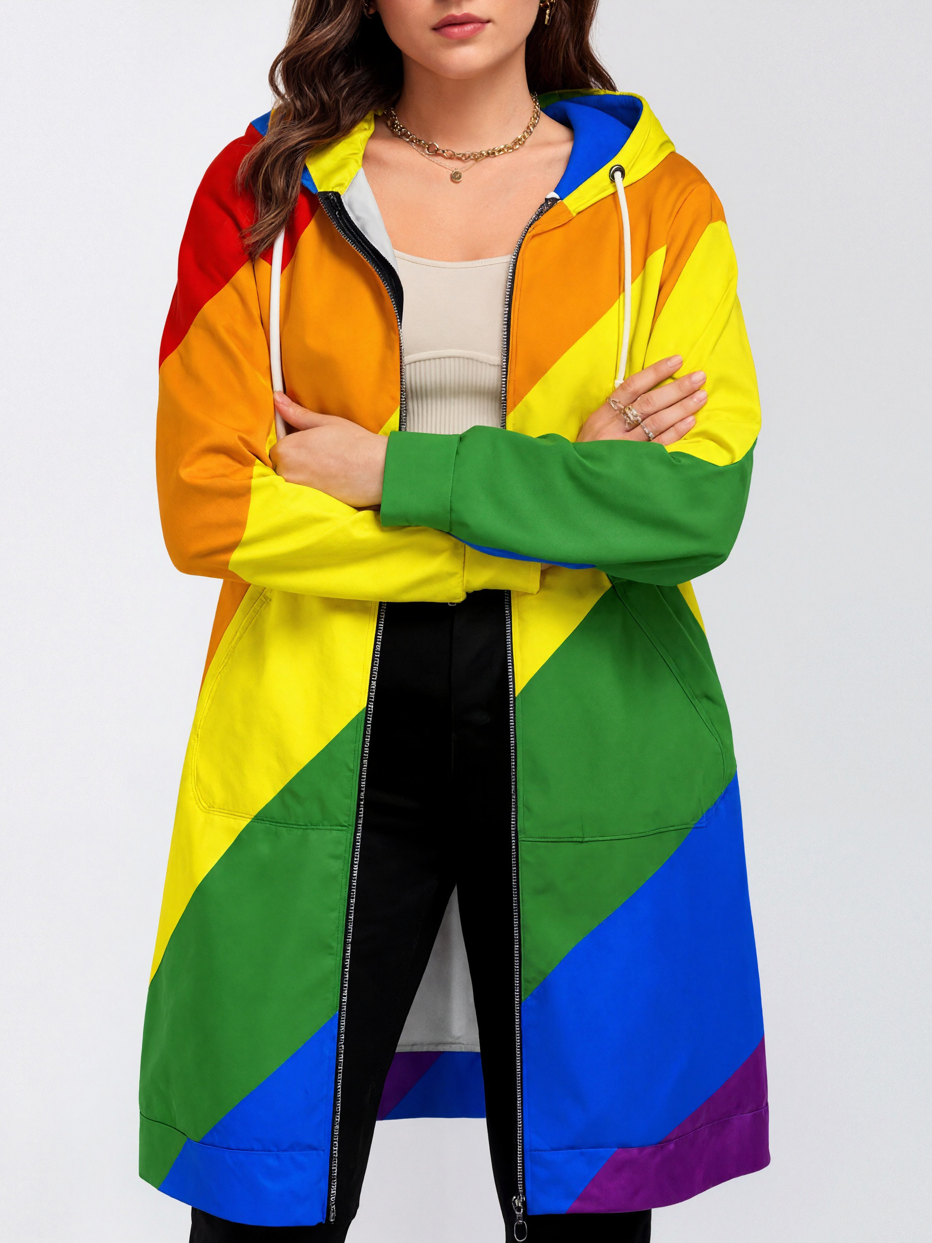Lgbt Pride Diagonal Rainbow Stripe Zip Up Long Hoodie Jacket Women Tunic Sweatshirt Plus Size Open Front Cardigan Outfits