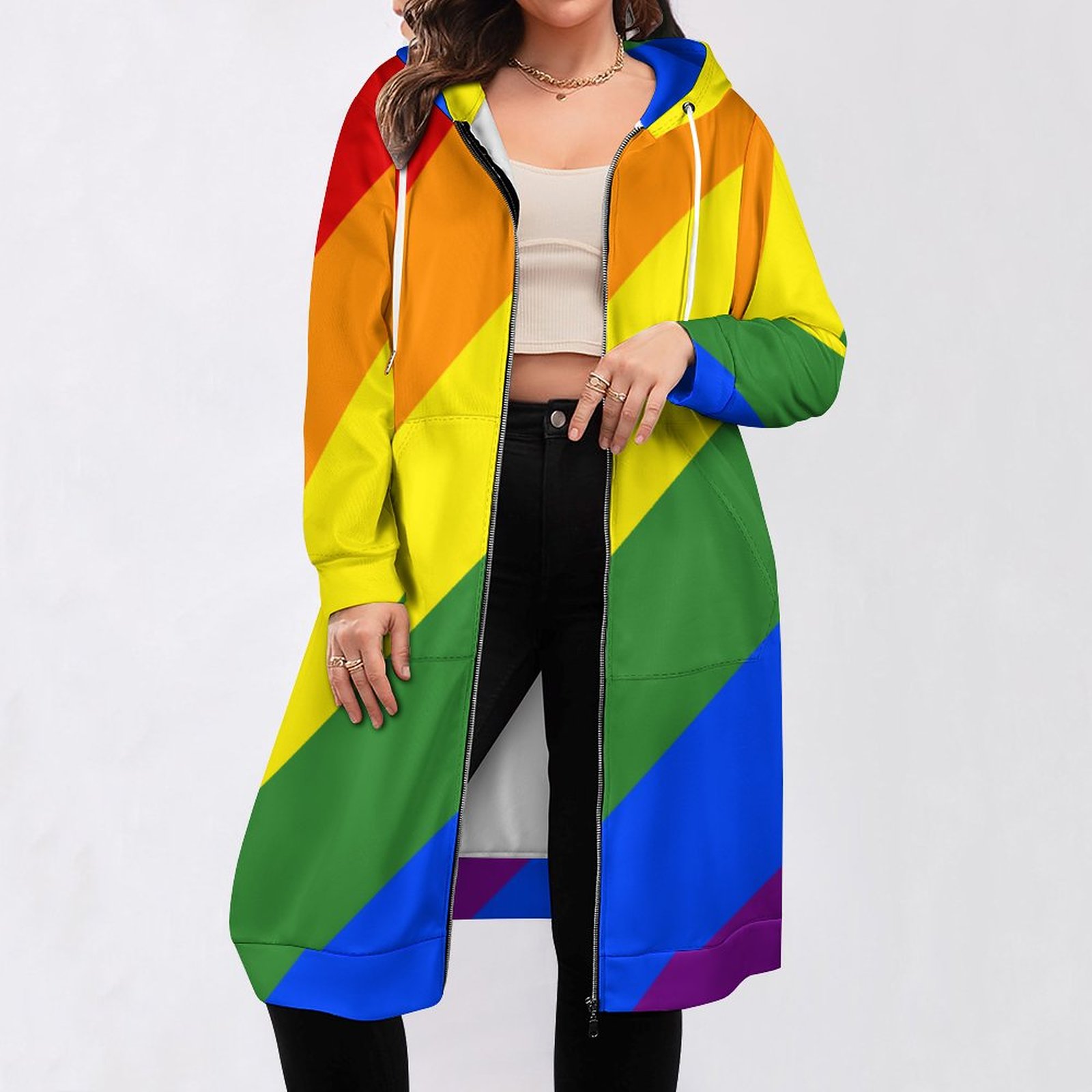 Lgbt Pride Diagonal Rainbow Stripe Zip Up Long Hoodie Jacket Women Tunic Sweatshirt Plus Size Open Front Cardigan Outfits
