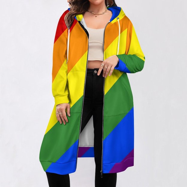Lgbt Pride Diagonal Rainbow Stripe Zip Up Long Hoodie Jacket Women Tunic Sweatshirt Plus Size Open Front Cardigan Outfits