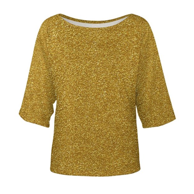 Metallic Gold Glitter Image O Neck Batwing Half Sleeve Shirts Women Loose Blouse Print Tops-Charlylifestyle
