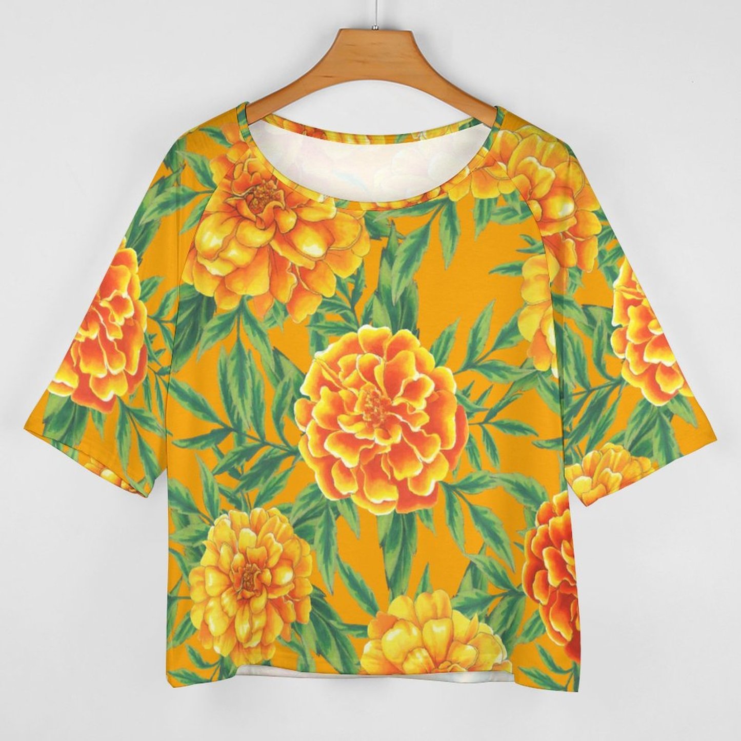 S-5XL Funny Vintage Marigold Flower O Neck Batwing Half Sleeve Shirts Women Loose Blouse Print Tops-Charlylifestyle