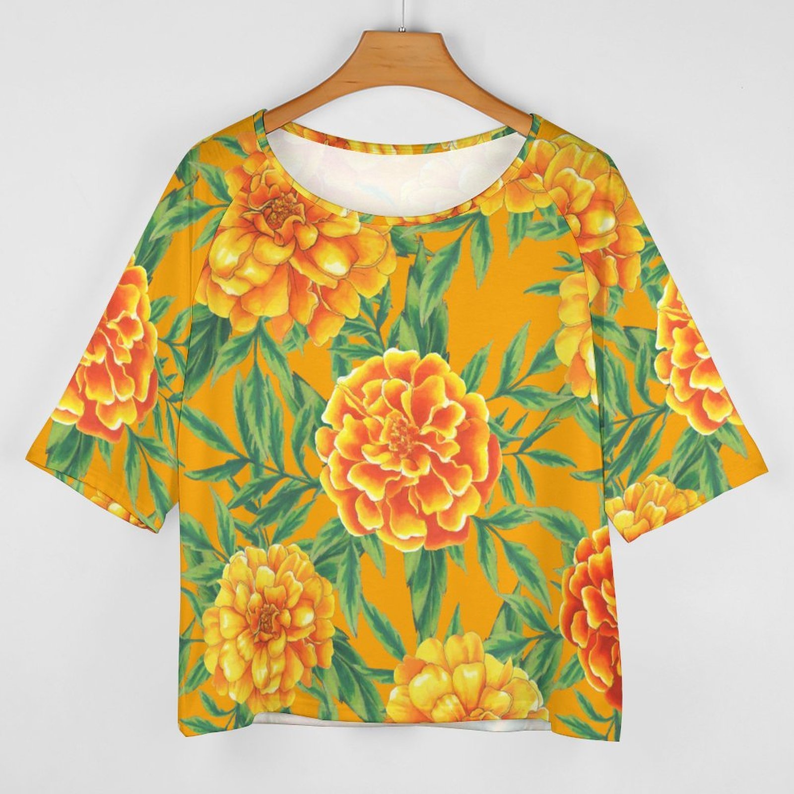 S-5XL Funny Vintage Marigold Flower O Neck Batwing Half Sleeve Shirts Women Loose Blouse Print Tops-Charlylifestyle