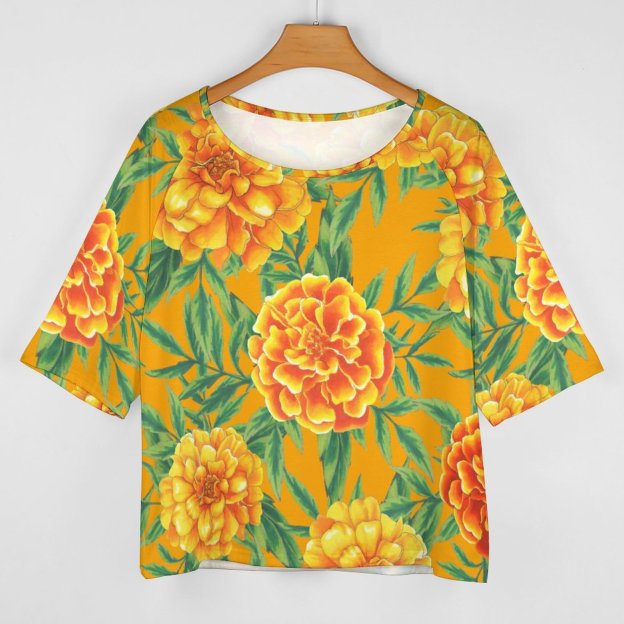 S-5XL Funny Vintage Marigold Flower O Neck Batwing Half Sleeve Shirts Women Loose Blouse Print Tops-Charlylifestyle