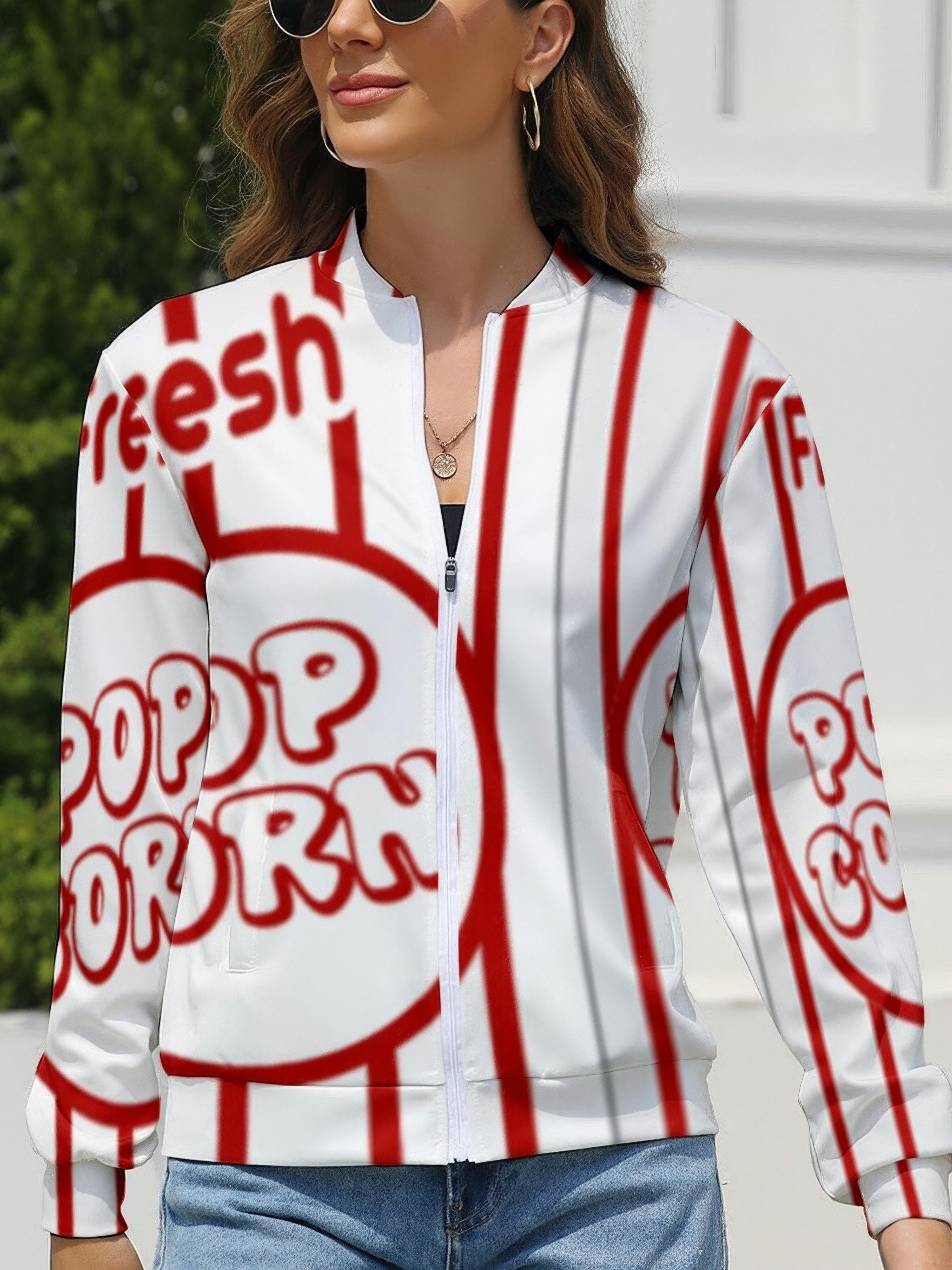 Women Zipper Front Funny Vintage Movie Popcorn Print Long Sleeve Jackets Baseball Collar Casual Work Office Blazer