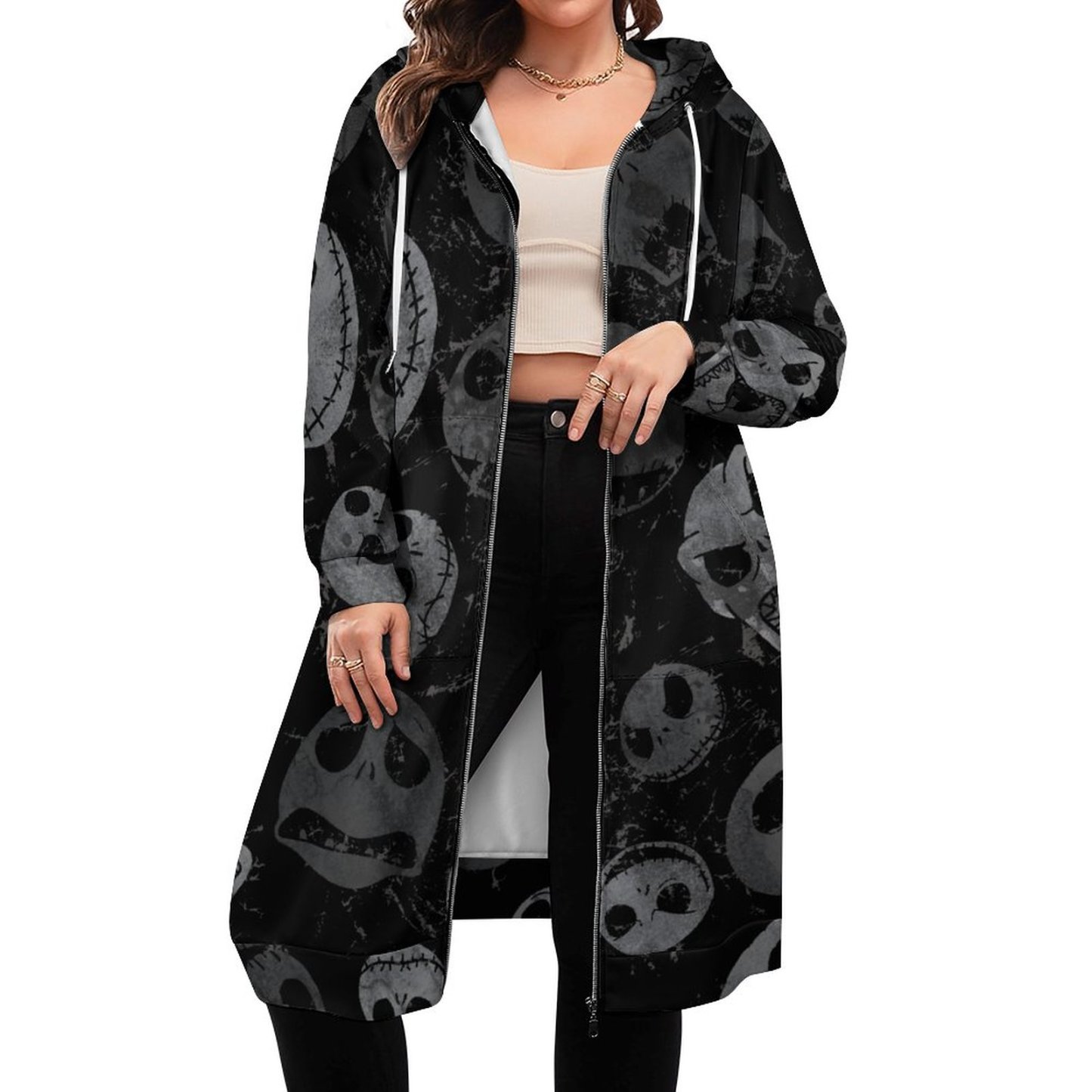 Jack Skellington Spooky Faces Zip Up Long Hoodie Jacket Coat Women Tunic Sweatshirt Plus Size Open Front Cardigan Outfits