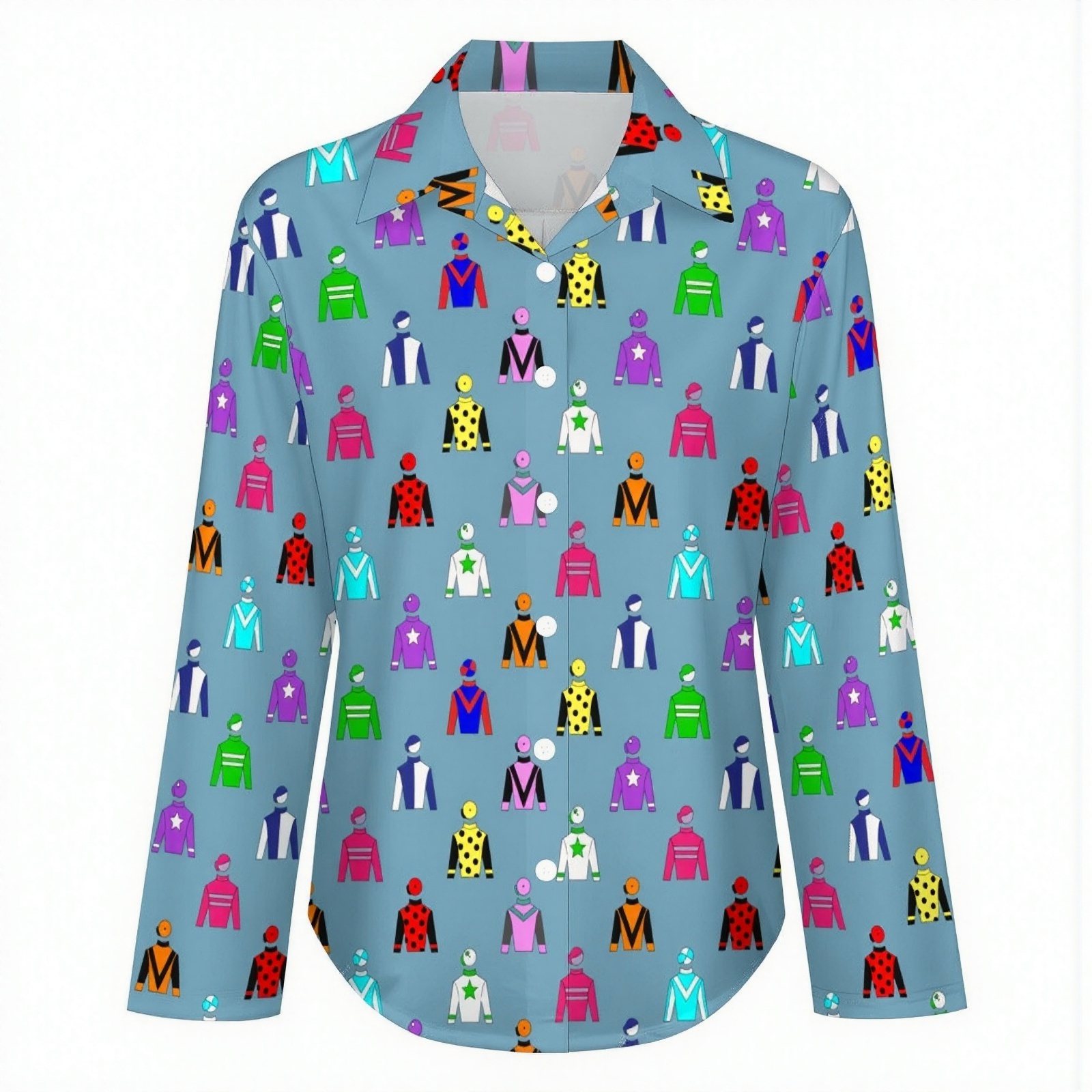 Jockey Silks Horse Rider Button Down V Neck Shirts Long Sleeve Blouse Roll Up Cuffed Sleeve Casual Shirt Tops