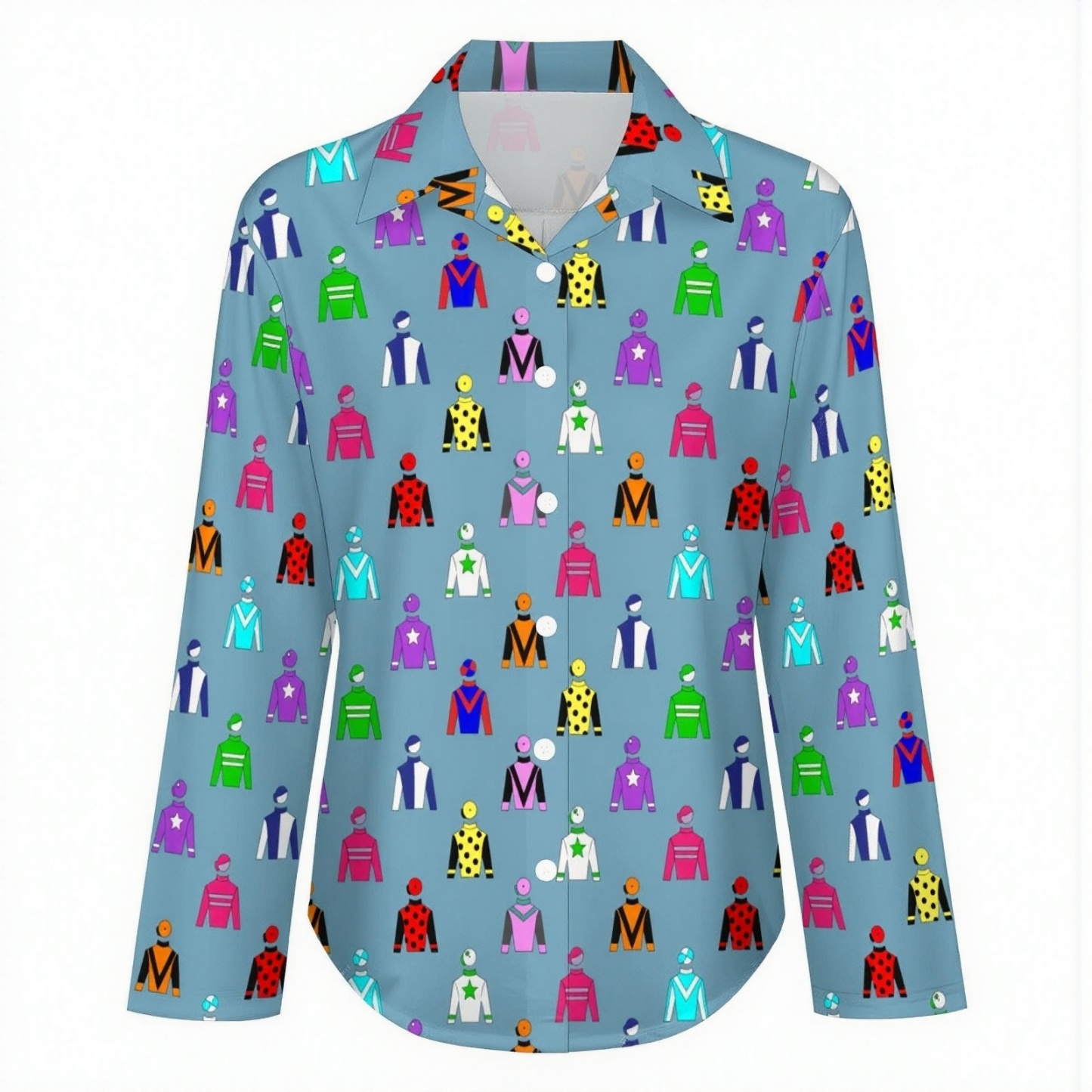 Jockey Silks Horse Rider Button Down V Neck Shirts Long Sleeve Blouse Roll Up Cuffed Sleeve Casual Shirt Tops