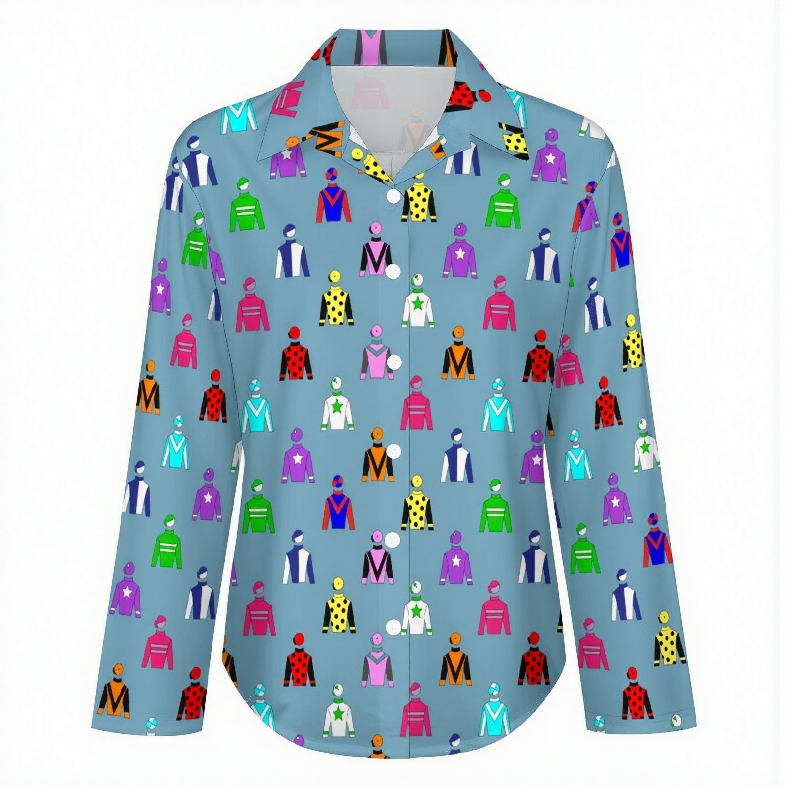 Jockey Silks Horse Rider Button Down V Neck Shirts Long Sleeve Blouse Roll Up Cuffed Sleeve Casual Shirt Tops