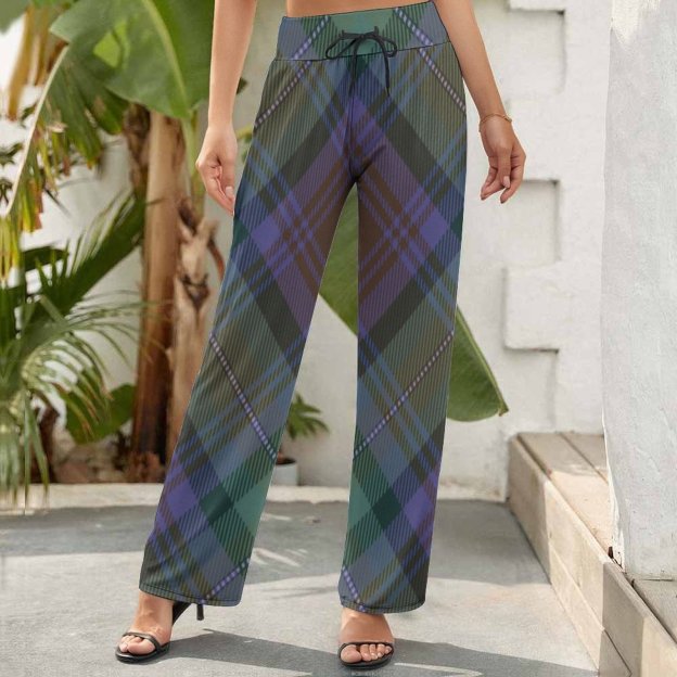 Summer Fall Isle Of Skye Tartan Plaid Argyle Green Women's High Waist Wide Leg Long Palazzo Lounge Pants-Charlylifestyle