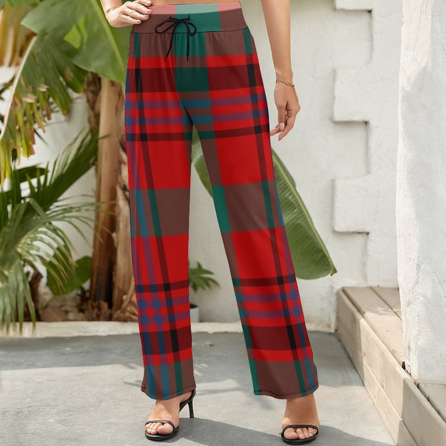 Maguire Tartan Red And Green Plaid Printed Women's High Waist Wide Leg Long Palazzo Lounge Pants-Charlylifestyle