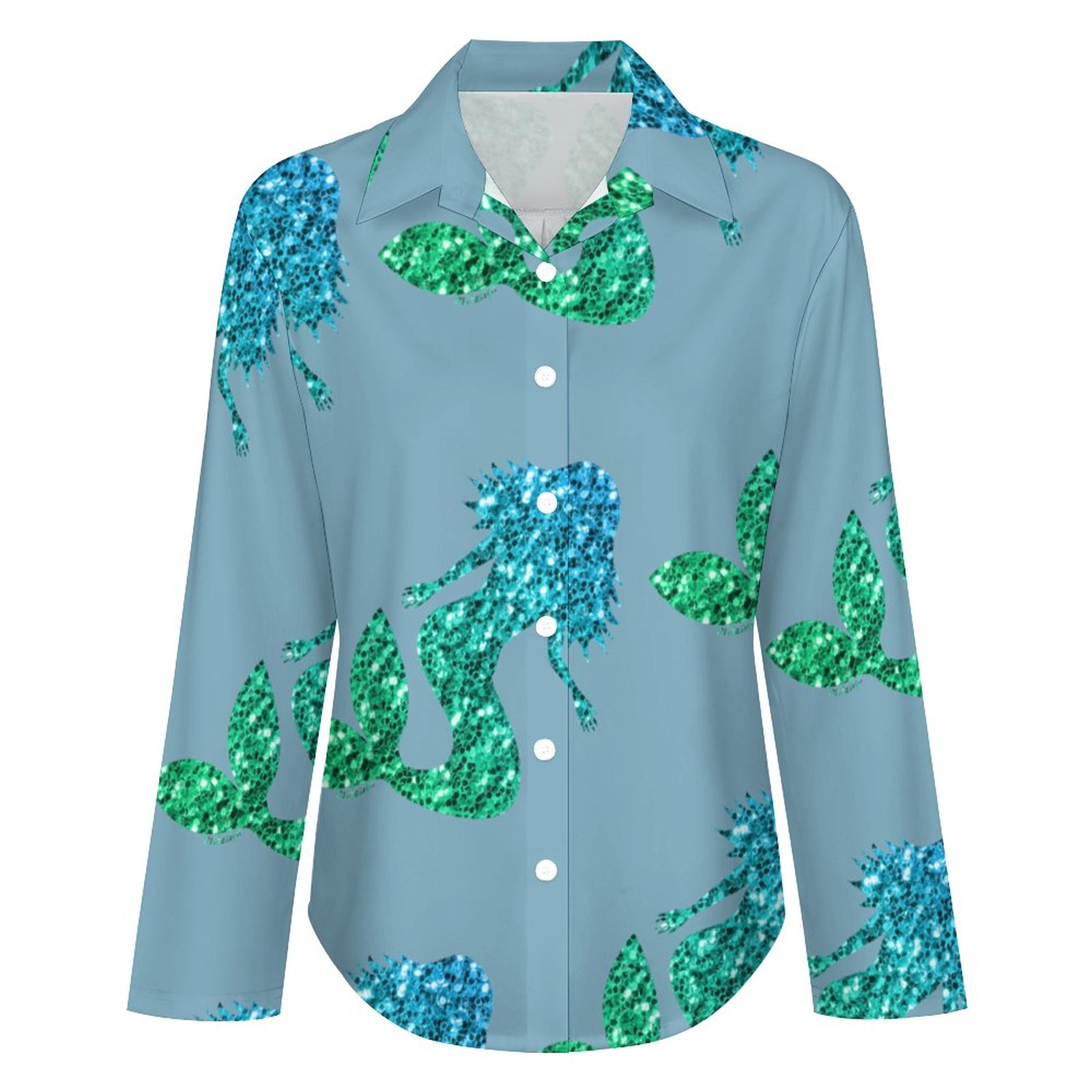 Mermaid Blue Green Ombre Sparkles Button Down V Neck Shirts Long Sleeve Blouse Roll Up Cuffed Sleeve Casual Shirt Tops
