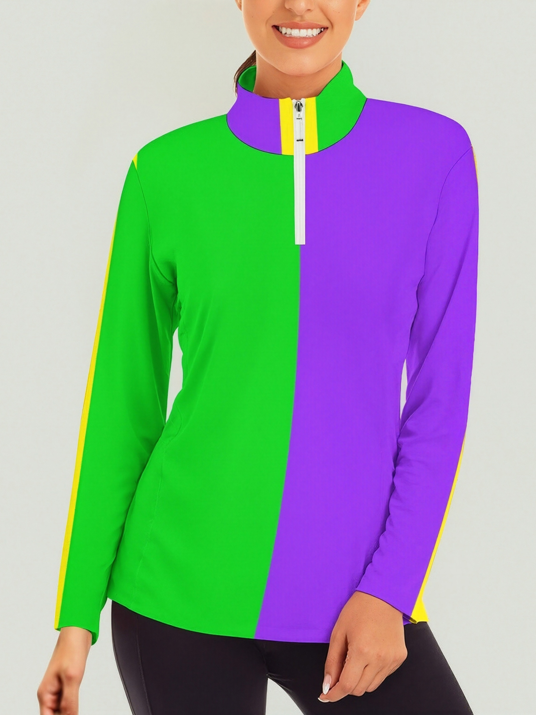 Mardi Gras Colors New Orleans Striped Long Sleeve 1/4 Zip Pullover Athletic Shirt Hiking Running Workout Slim Fit Tee Tops