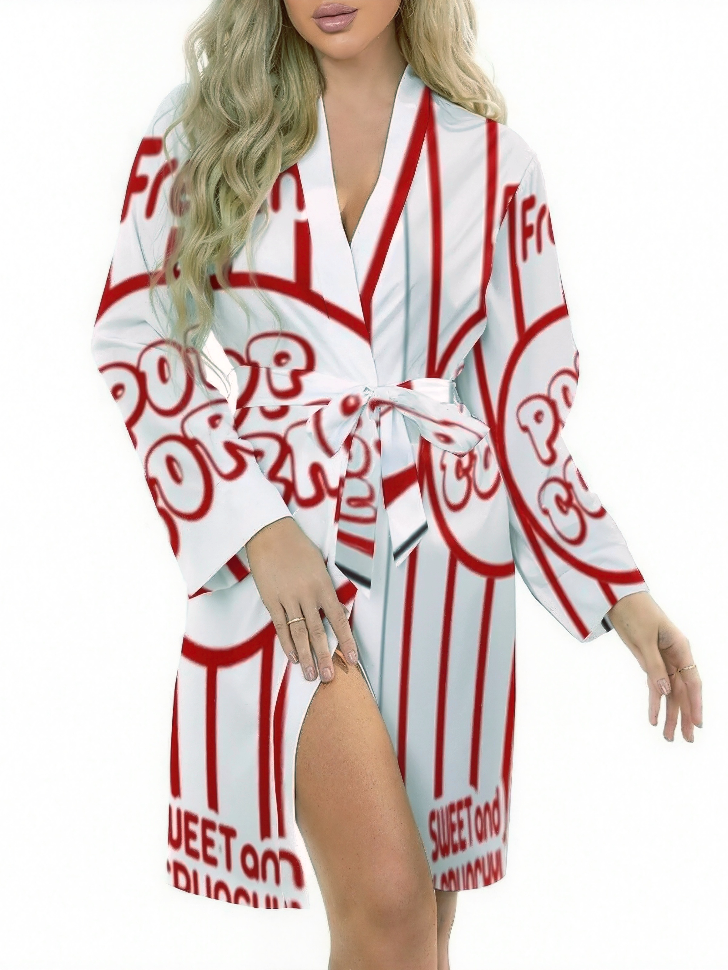 Funny Vintage Movie Popcorn Women Sexy Lingerie Robe Kimono Cover Up Nightgown Sleep Mini Homewear Night Shirt Dress