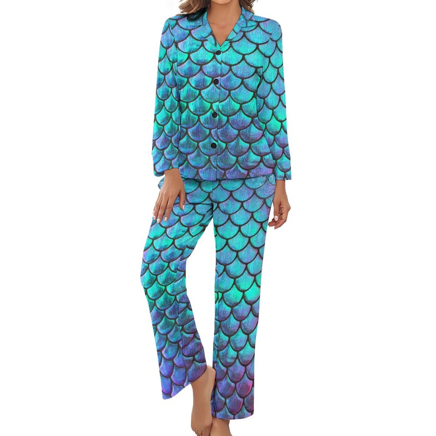 Personalized Mermaid Fish Scale Two Piece Pajamas Custom Women Long Sl