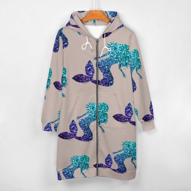 Mermaid Aqua Blue Ombre Sparkles Zip Up Long Hoodie Jacket Women Tunic Sweatshirt Plus Size Open Front Cardigan Outfits